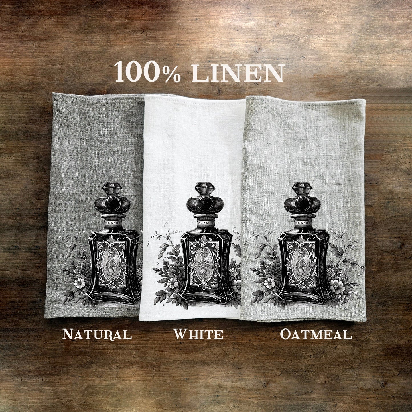 Parfum bottle Tea Towel in linen, floral Hand Towels Tea, black Frech Dish Towel, Floral Kitchen Décor Tea Towel