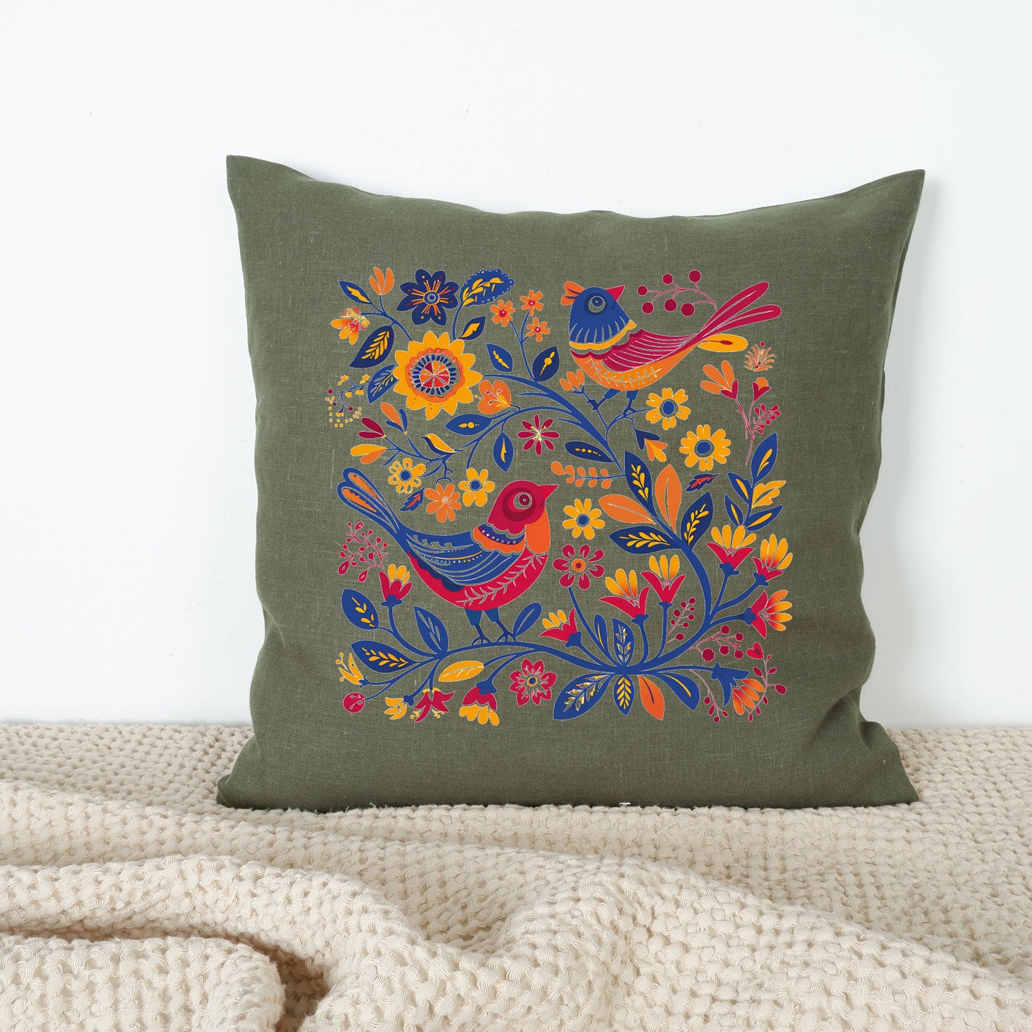 SALE LINEN Cushion cover Nordic folk art beige , decorative linen pillow cover , Floral Summer Woodland Cushion Housewarming Gift