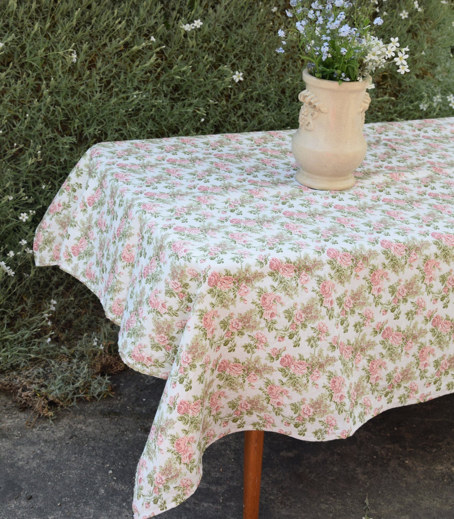 100% Linen tablecloth PREWASHED Provence Roses print French table cloth rustic rectangle square oval Grey Blue country style flax custom