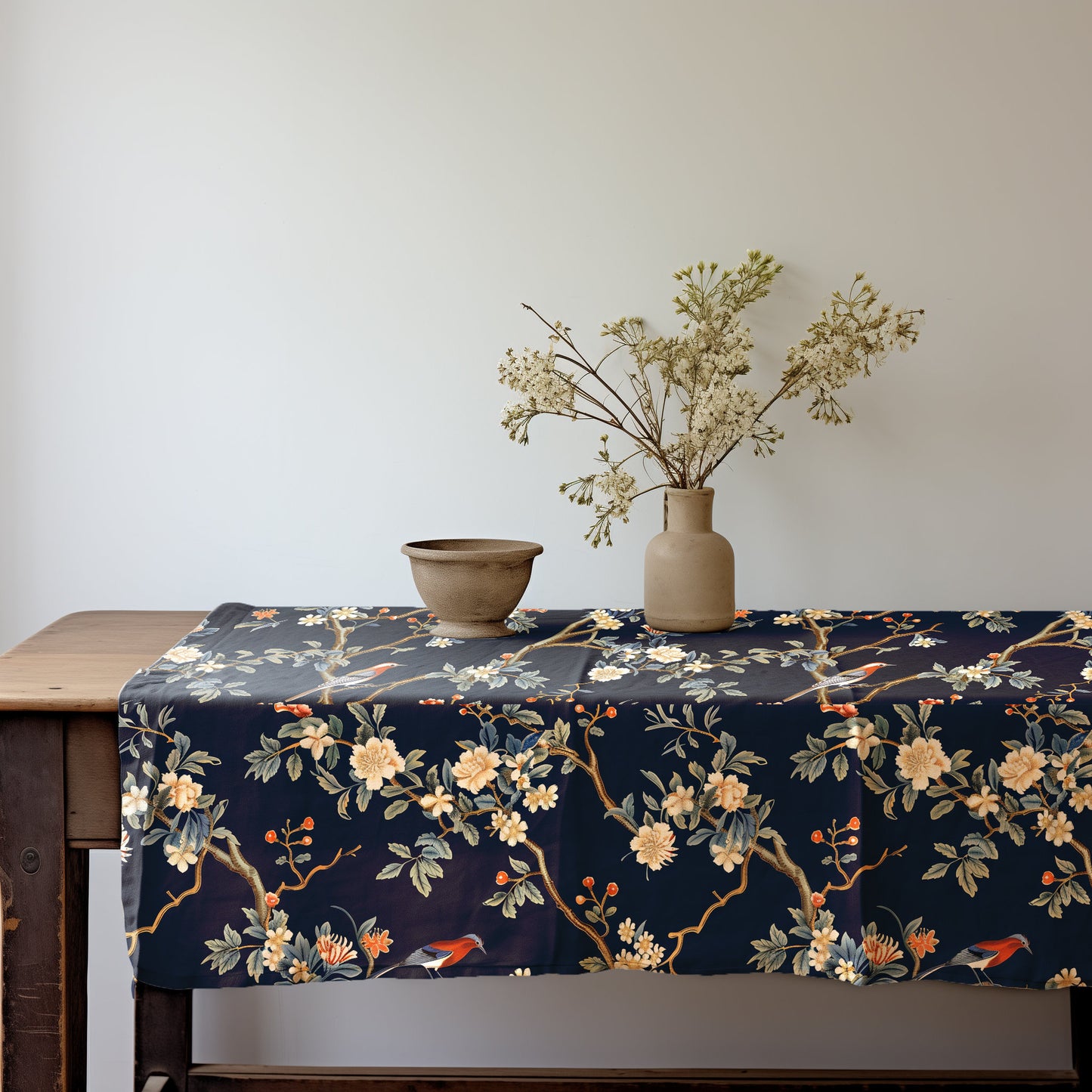Designer Floral Linen tablecloth Toile de jouy in mustard, botanical tablecloth with trees and birds