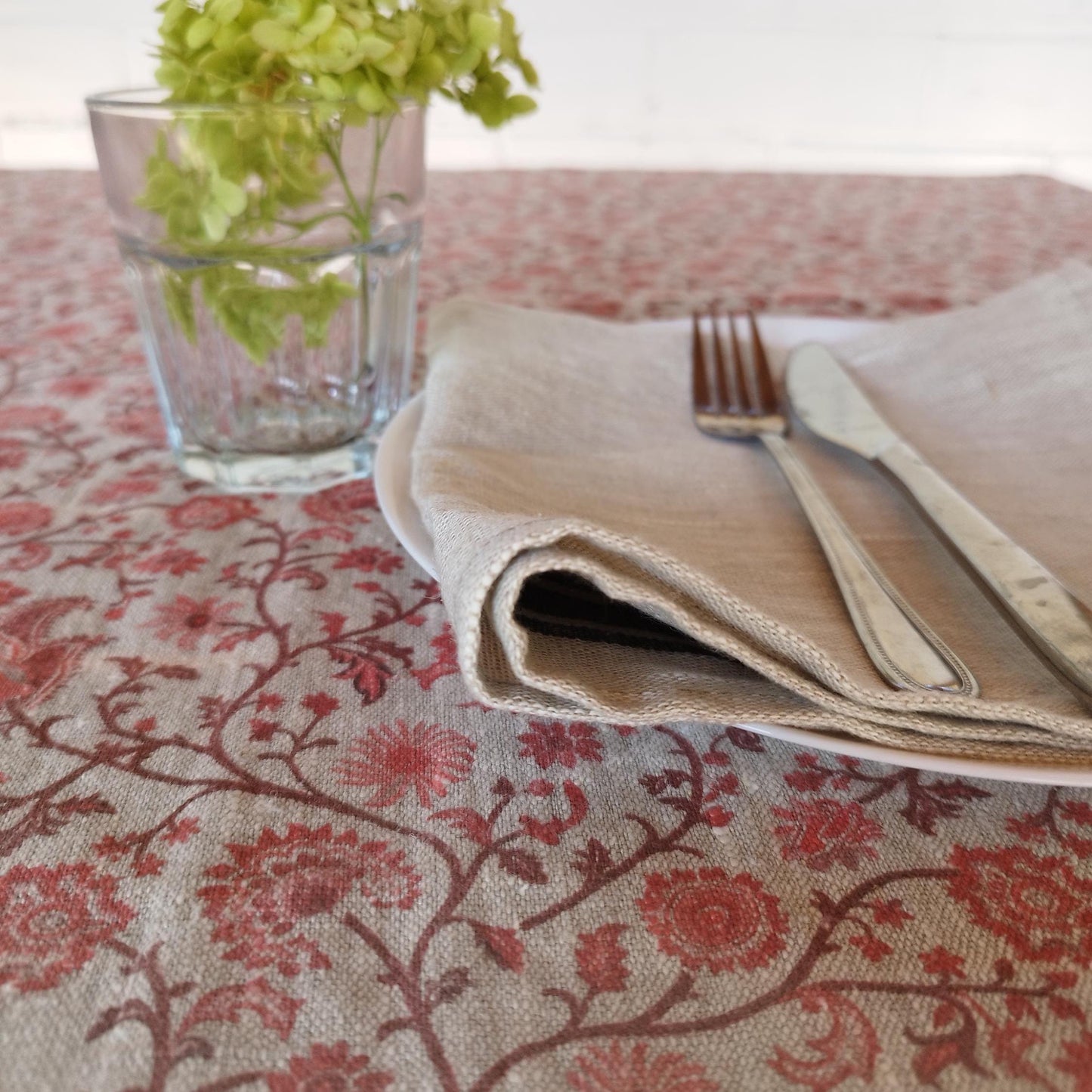 Linen floral tablecloth with red flowers, French Retro Vintage Vibe table cloth Bohemian Wildflower Pattern