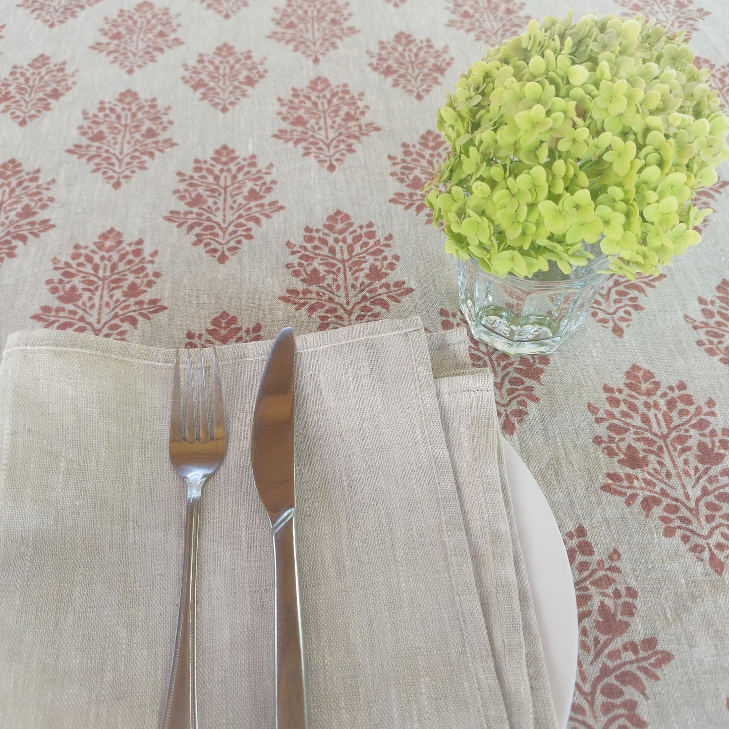 Linen foral tablecloth with red block print flowers, French Retro Vintage Vibe table cloth Bohemian Wildflower Pattern