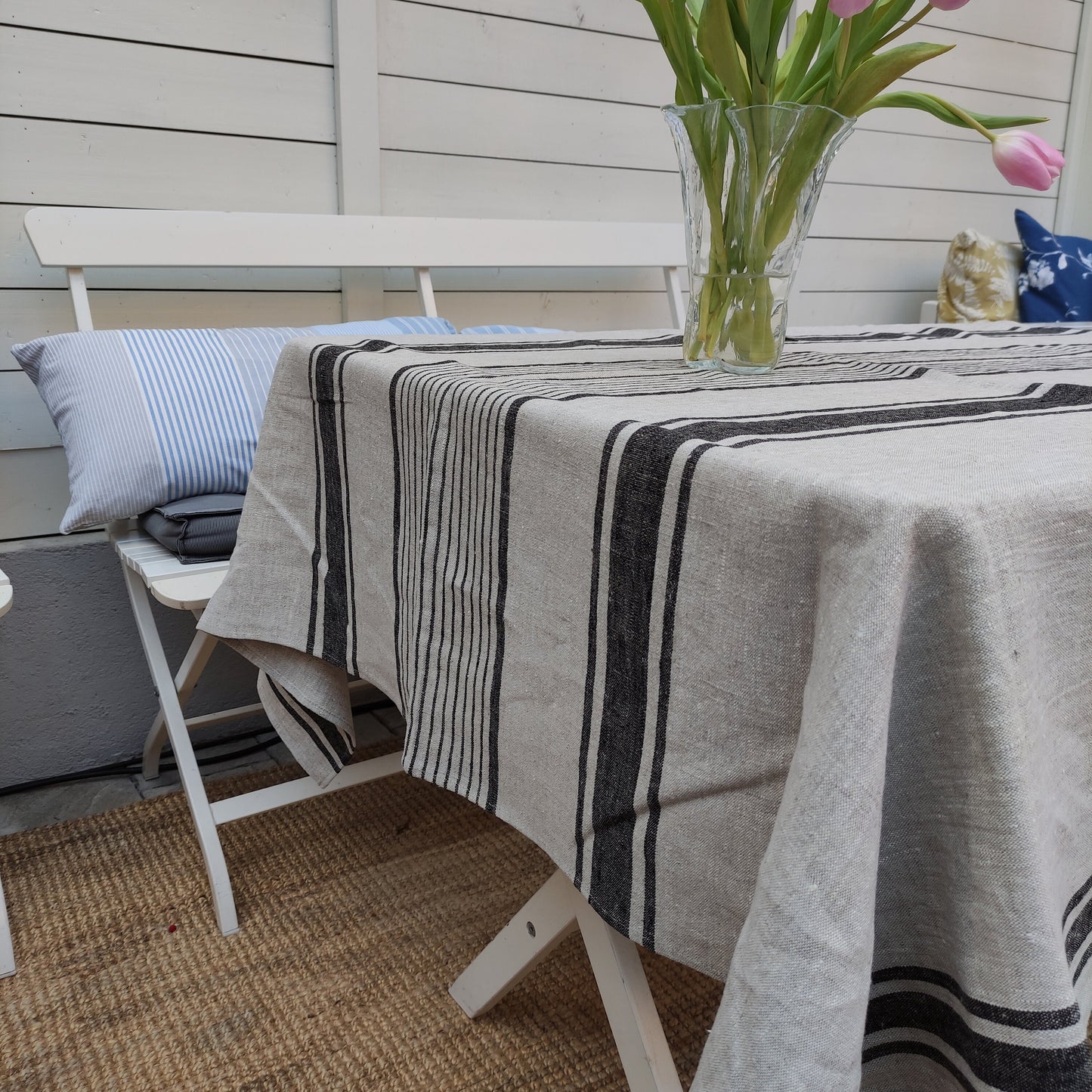 100% Linen tablecloth striped - blue grey black PREWASHED French table cloth rustic rectangle square oval - country style Sack weave linen