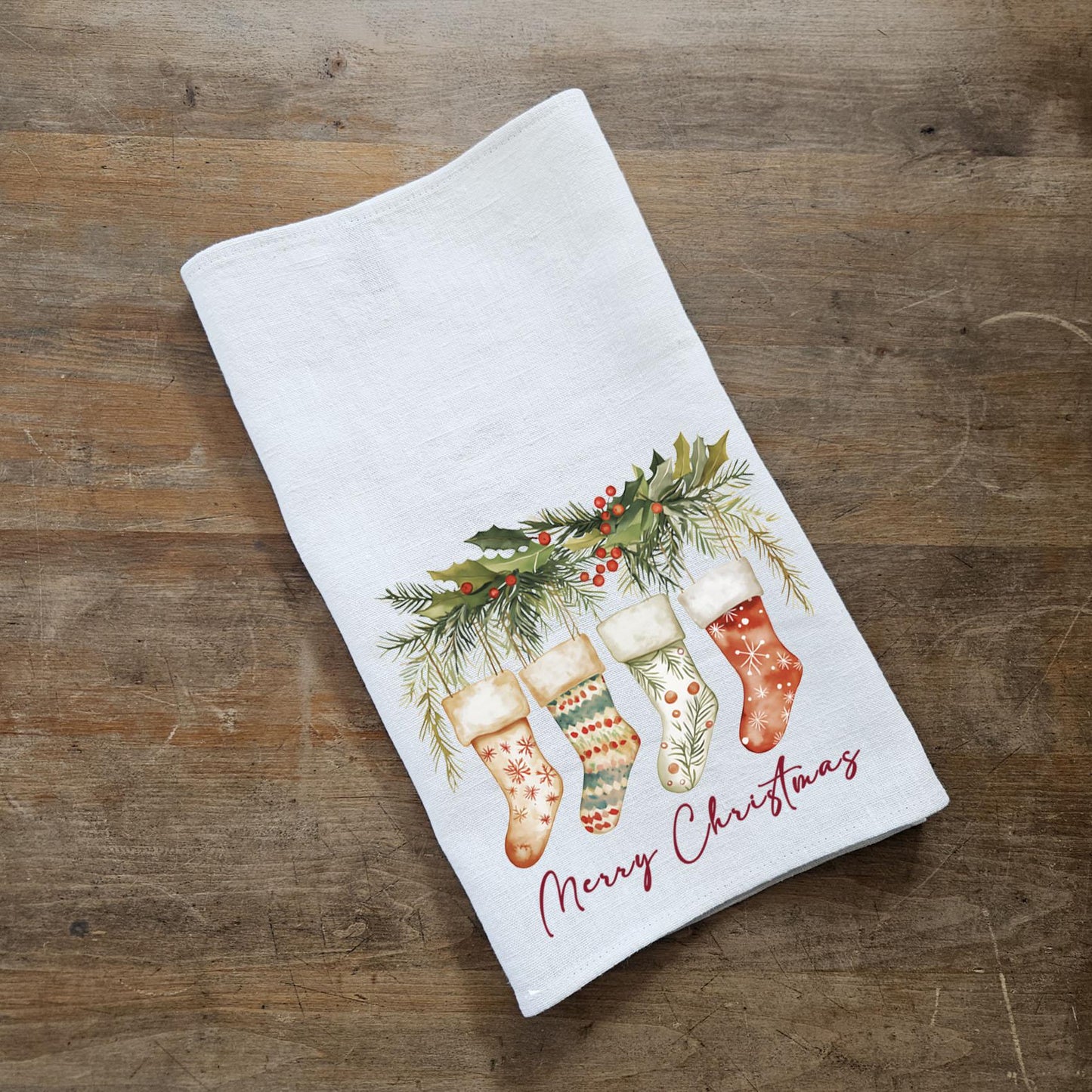 Christmas socks Tea Towel in linen, Holiday decor hand Towels Tea in linen, Merry Christmas Dish Towel Kitchen Décor Tea Towel in linen