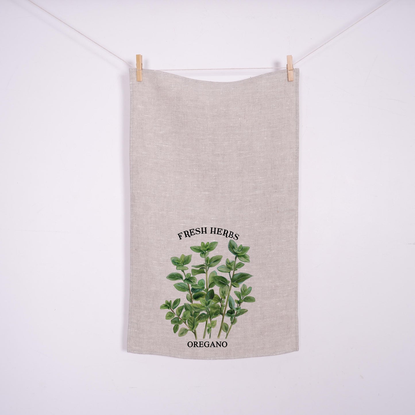 Oregano kökshandduk i linne - Franska lantliga handdukar - Diskhandduk med lantlig blommig design - grönska färska örter Köksinredning
