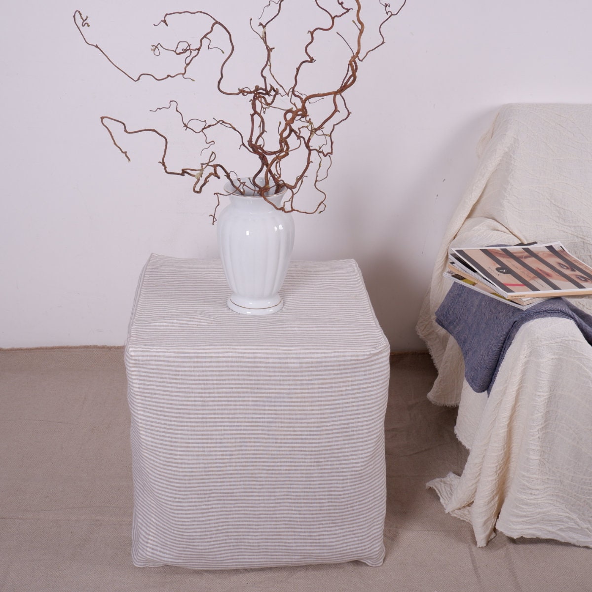 french striped Ottoman slipcover, natural cover Custom ikea linen cover cube slip cover for bench pouf sofa cover customsize