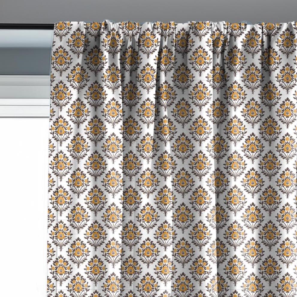 Modern vintage Curtains 100% Linen with botanical block print in green on white linen - kitchen Living room farmhouse linen window panel