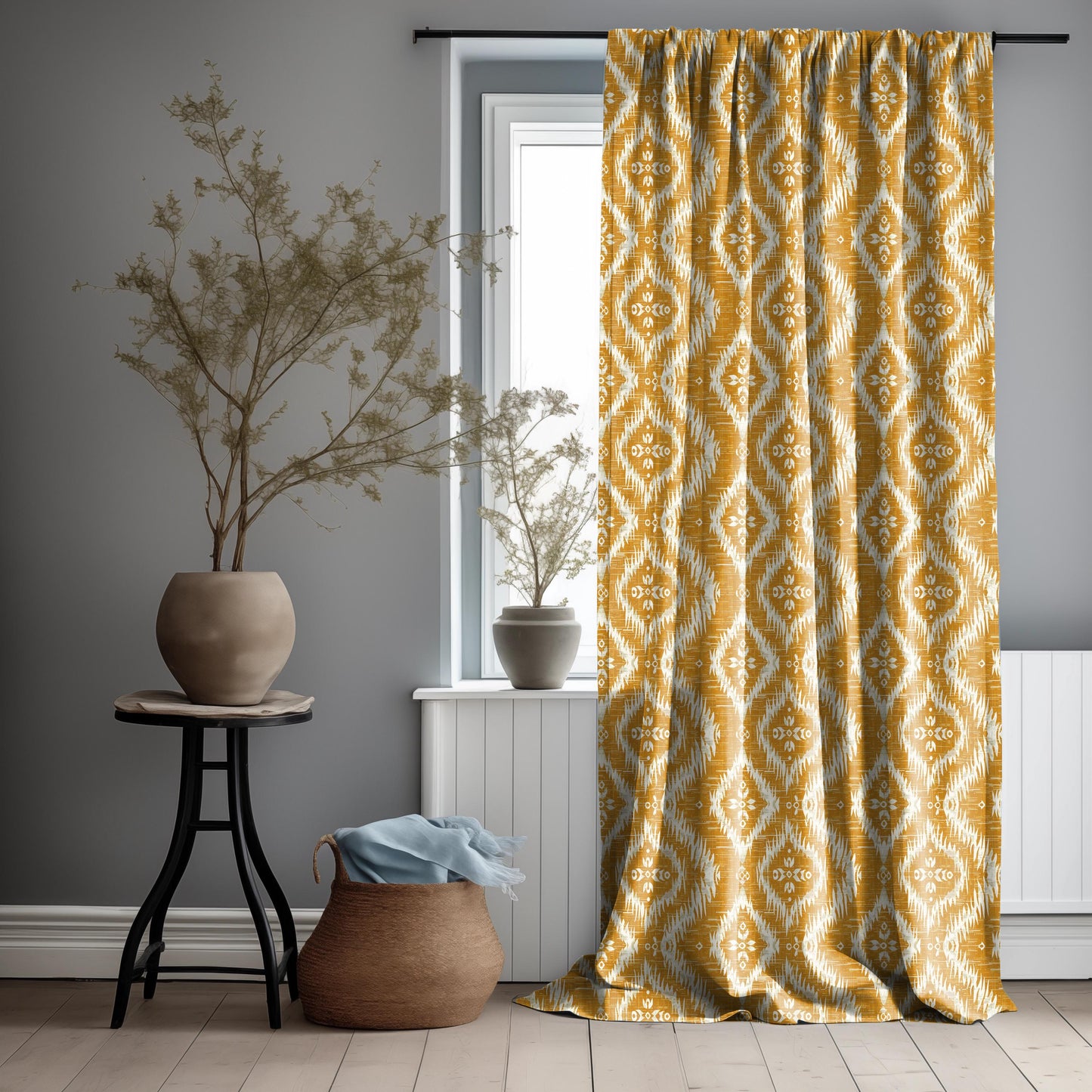 Curtains 100% Linen with ikat print mustard yellow pattern PREWASHED - kitchen Living room farmhouse linen window panel