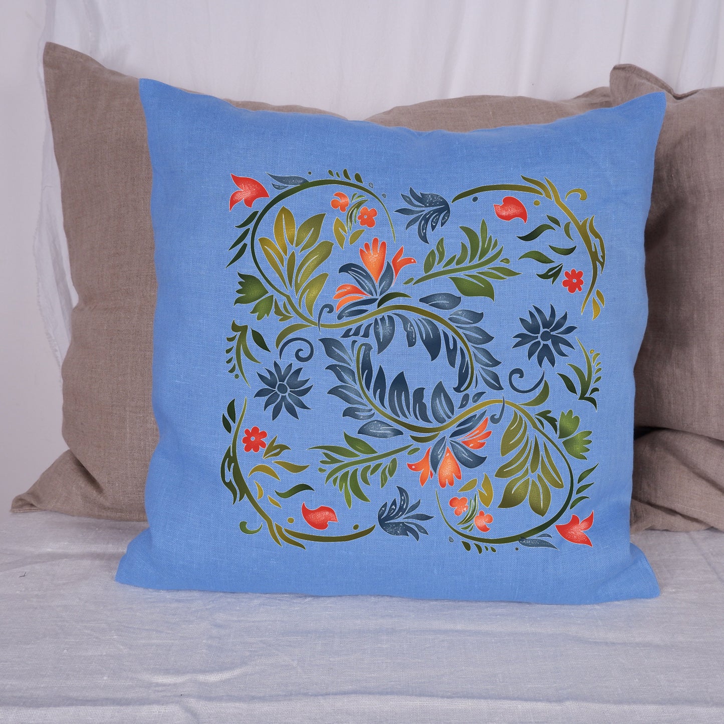 SALE LINEN Cushion cover with botanical print , decorative linen pillow cover with folk art print , Floral Housewarming Gift