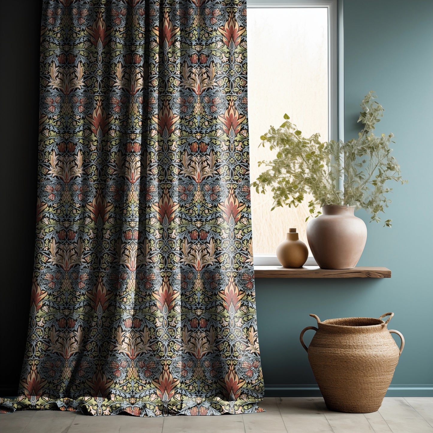 William Morris Curtain Panel Snakeshead, Floral Botanical Blue Print Curtain Panels, Curtains for living room