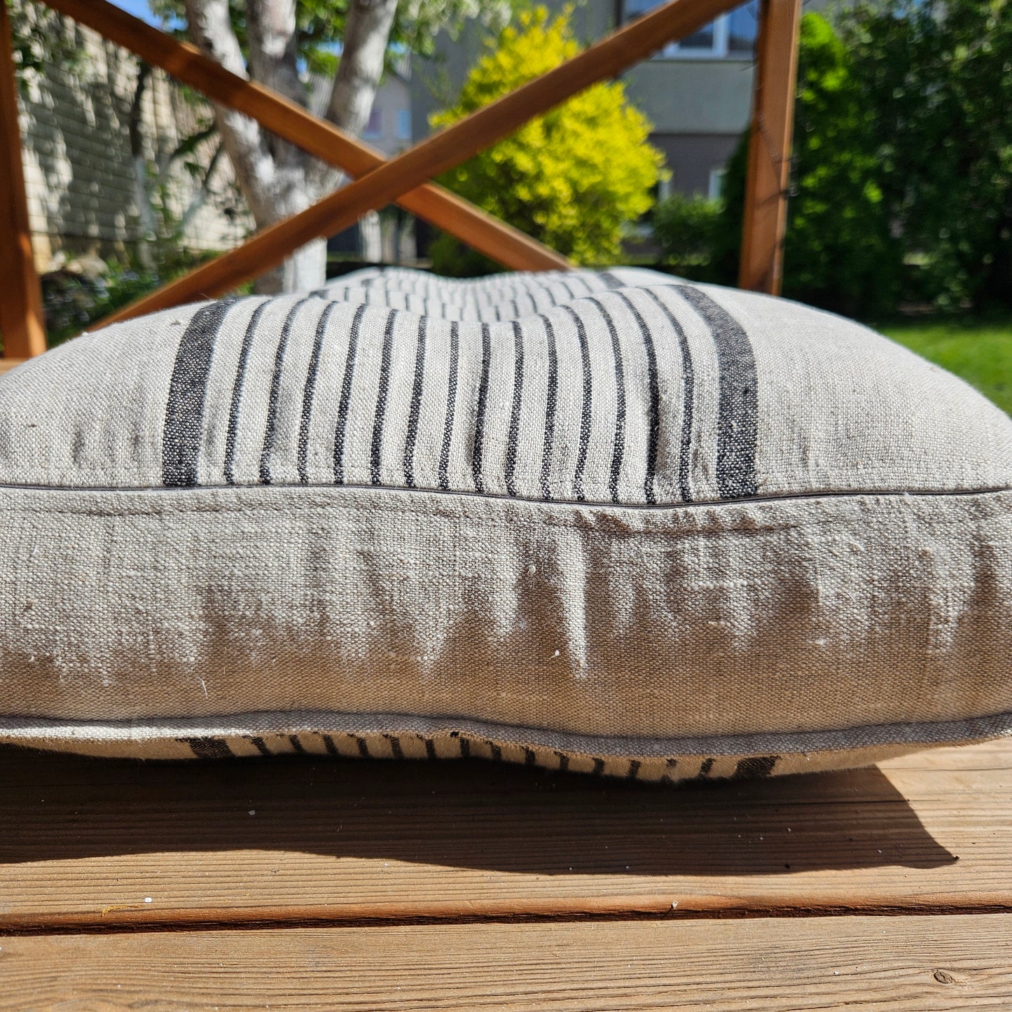 Bench cushion in French striped linen, floor cushion in Custom size, shikibuton thick mat Shiki futon filled organic fiber filler