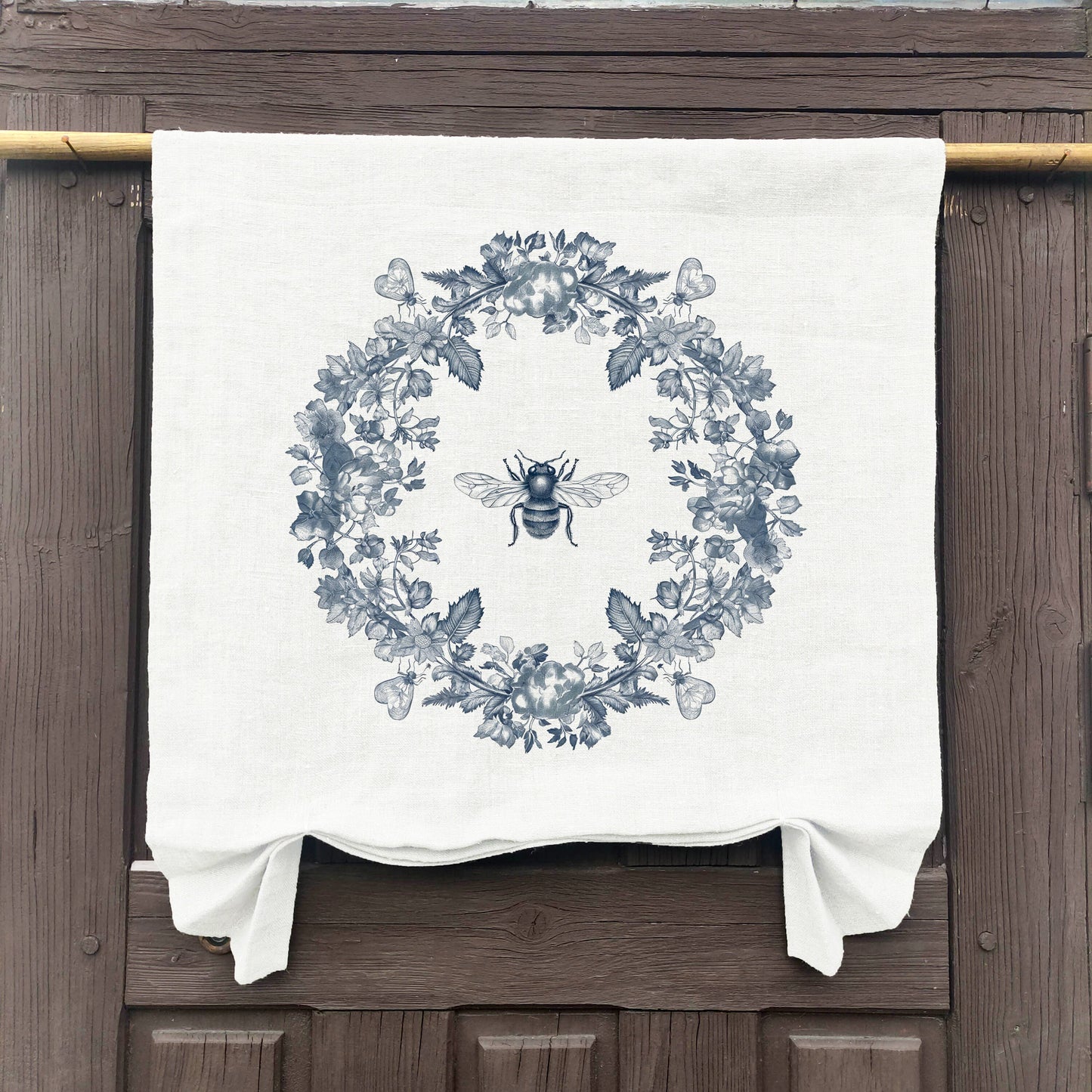 natural French Door Valance 1 Panel with bee with floral wreath stamp, curtain panels for door window in linen for rustic farmhouse style