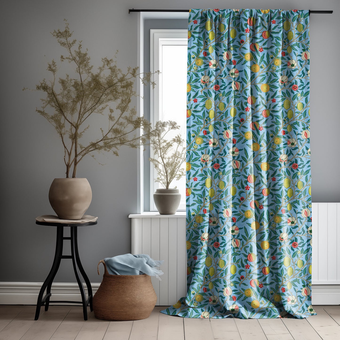 William Morris Curtain Panel Pomegranate, Floral Botanical Blue Print Curtain Panels, Victorian Art and Crafts Curtains for living room