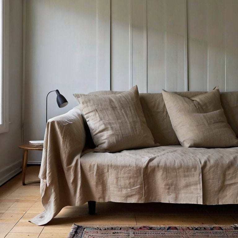 Linen Couch Cover Extra Large, Linen couch throw in custom size, Natural sofa cover, Sectional Big bed cover, Sofa slip cover throw