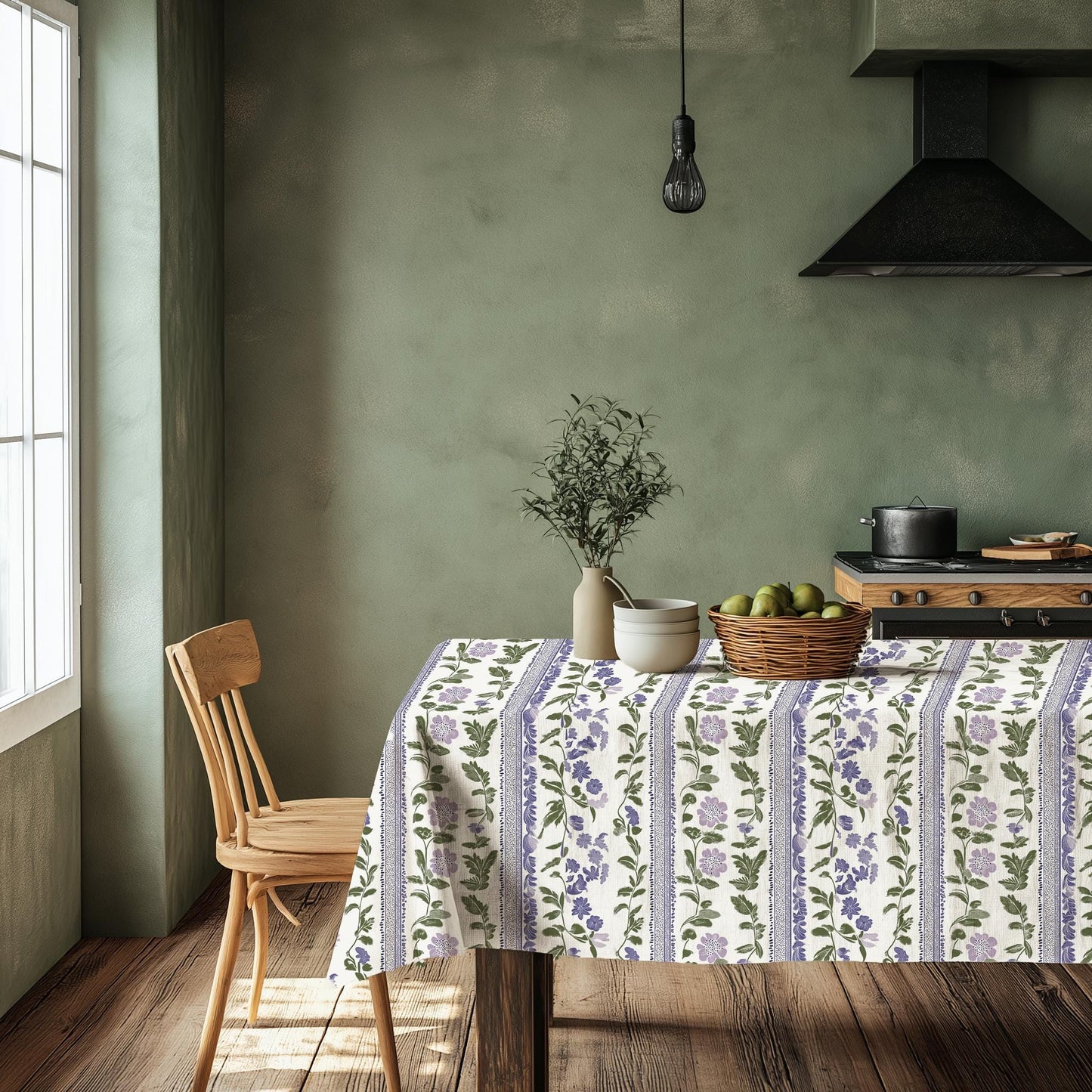 100% Linen tablecloth Heritage floral stripe print PREWASHED - table cloth rustic rectangle square oval - country Sack weave linen flax