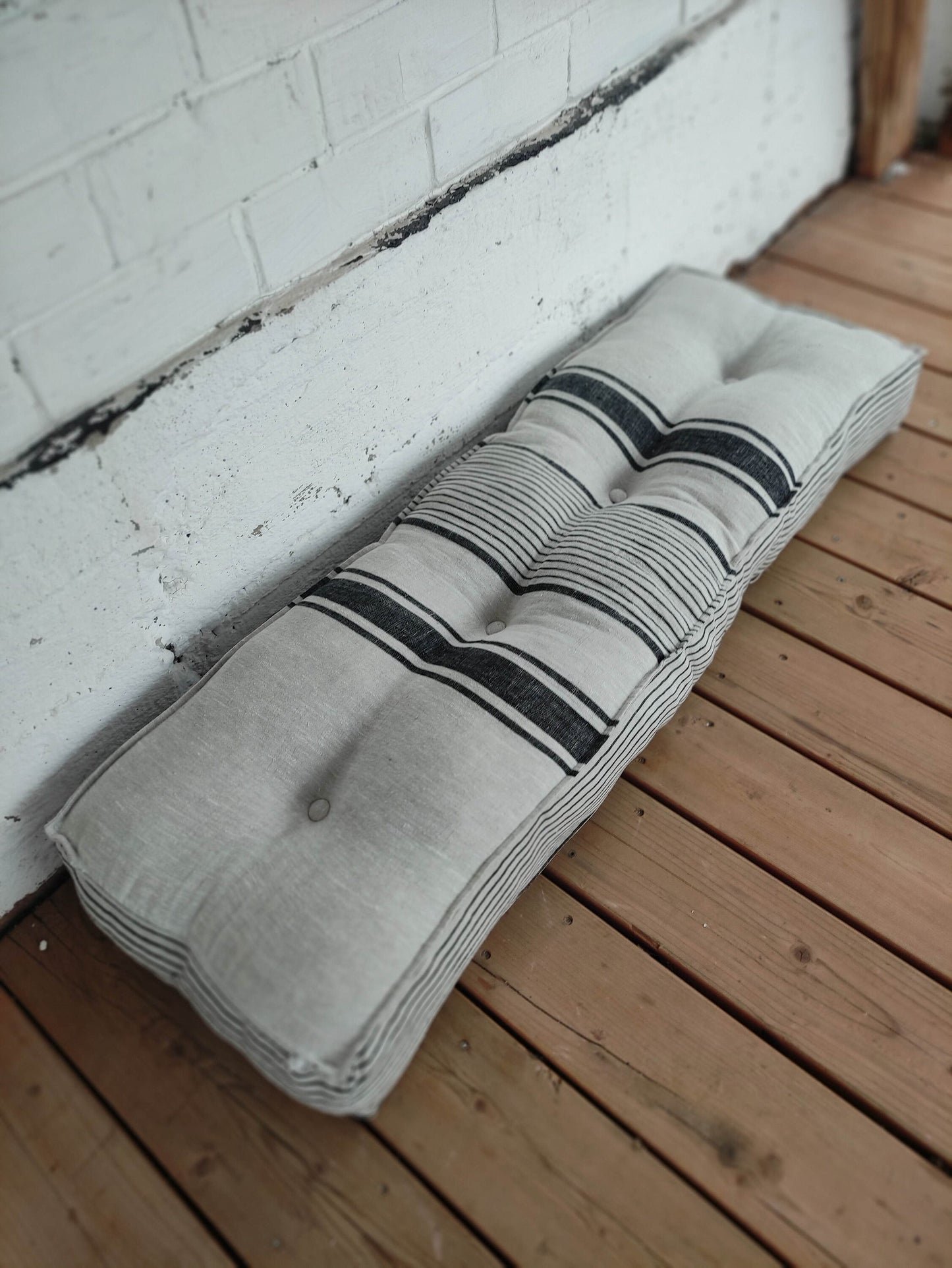 Bench cushion in French striped linen, floor cushion in Custom size, shikibuton thick mat Shiki futon filled organic fiber filler
