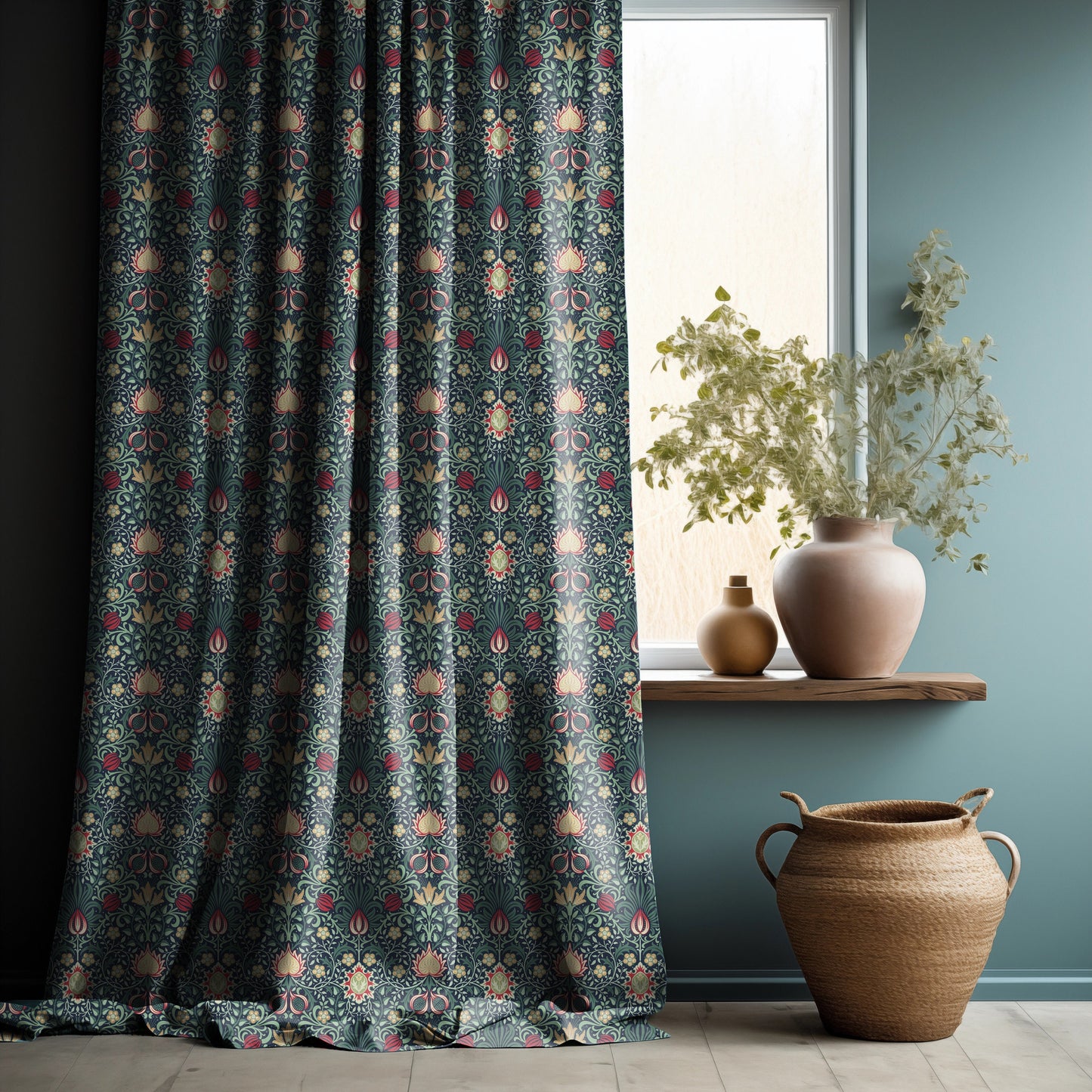 William Morris Curtain Panel Persian, Floral Botanical Blue Print Curtain Panels, Curtains for living room