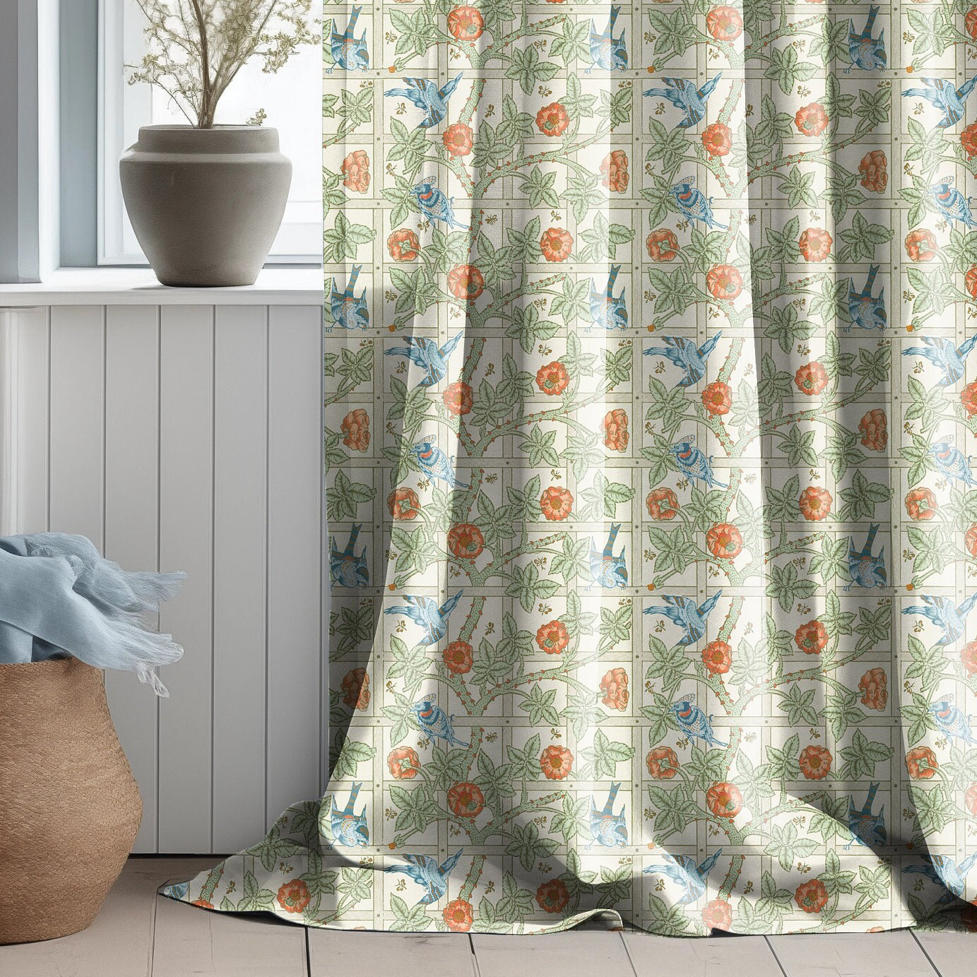 William Morris Curtain Panel Trellis, Floral Botanical Blue Print Curtain Panels, Curtains for living room