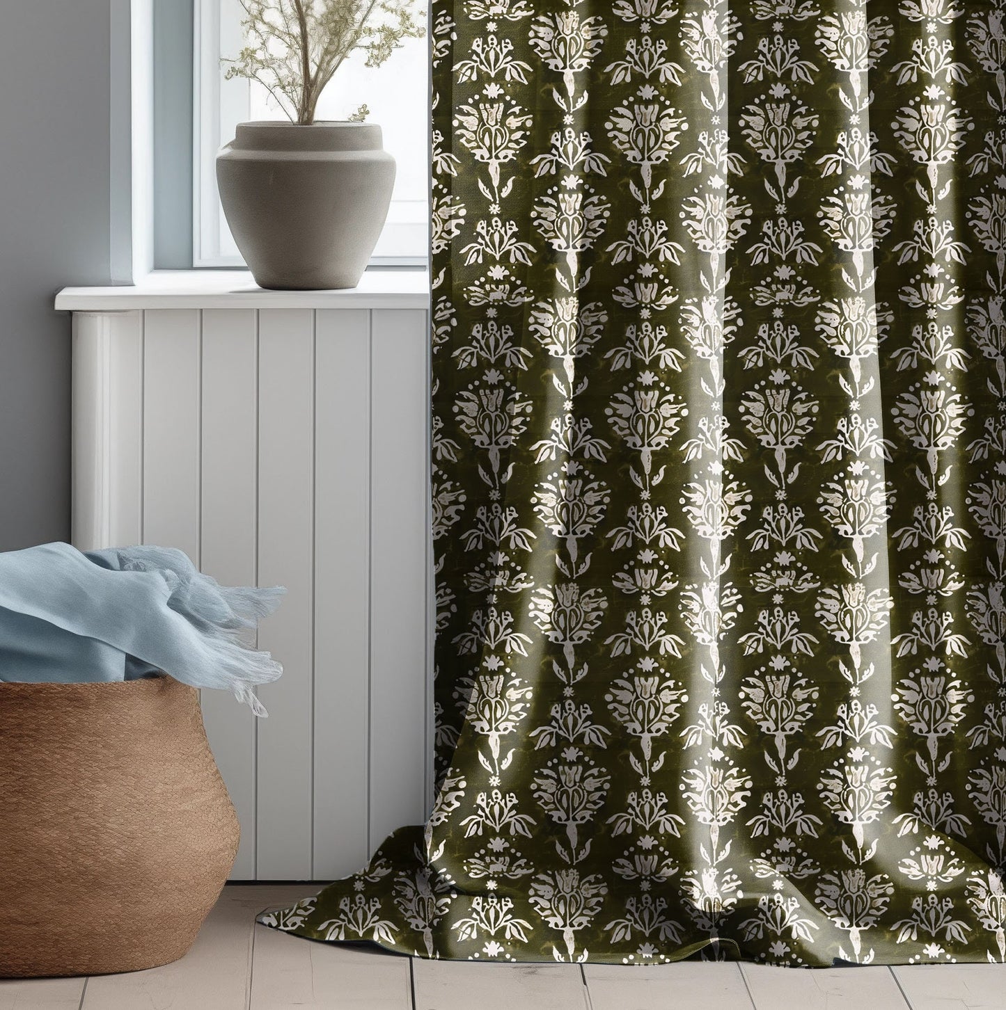Designer green Floral Linen curtains, olive green Boho curtain panel, Farmhouse Block printed curtains for living room