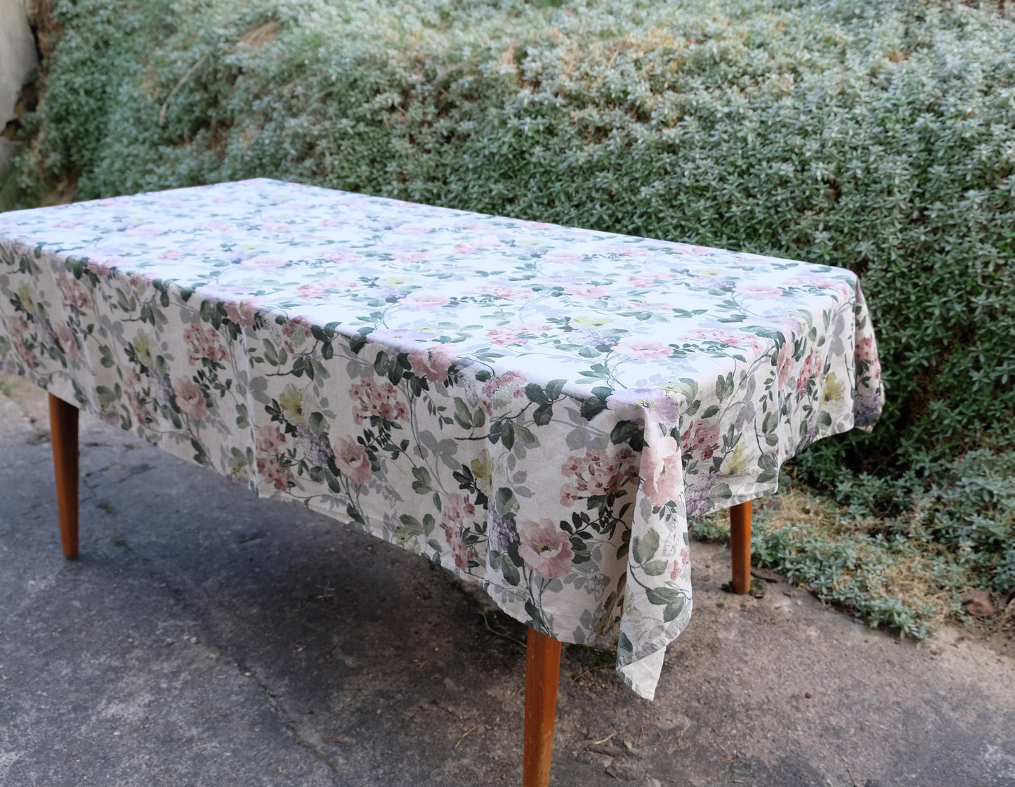 100% Linen tablecloth FLORAl beige French table cloth rustic rectangle square oval country - botanical linen tablecloth in custom size