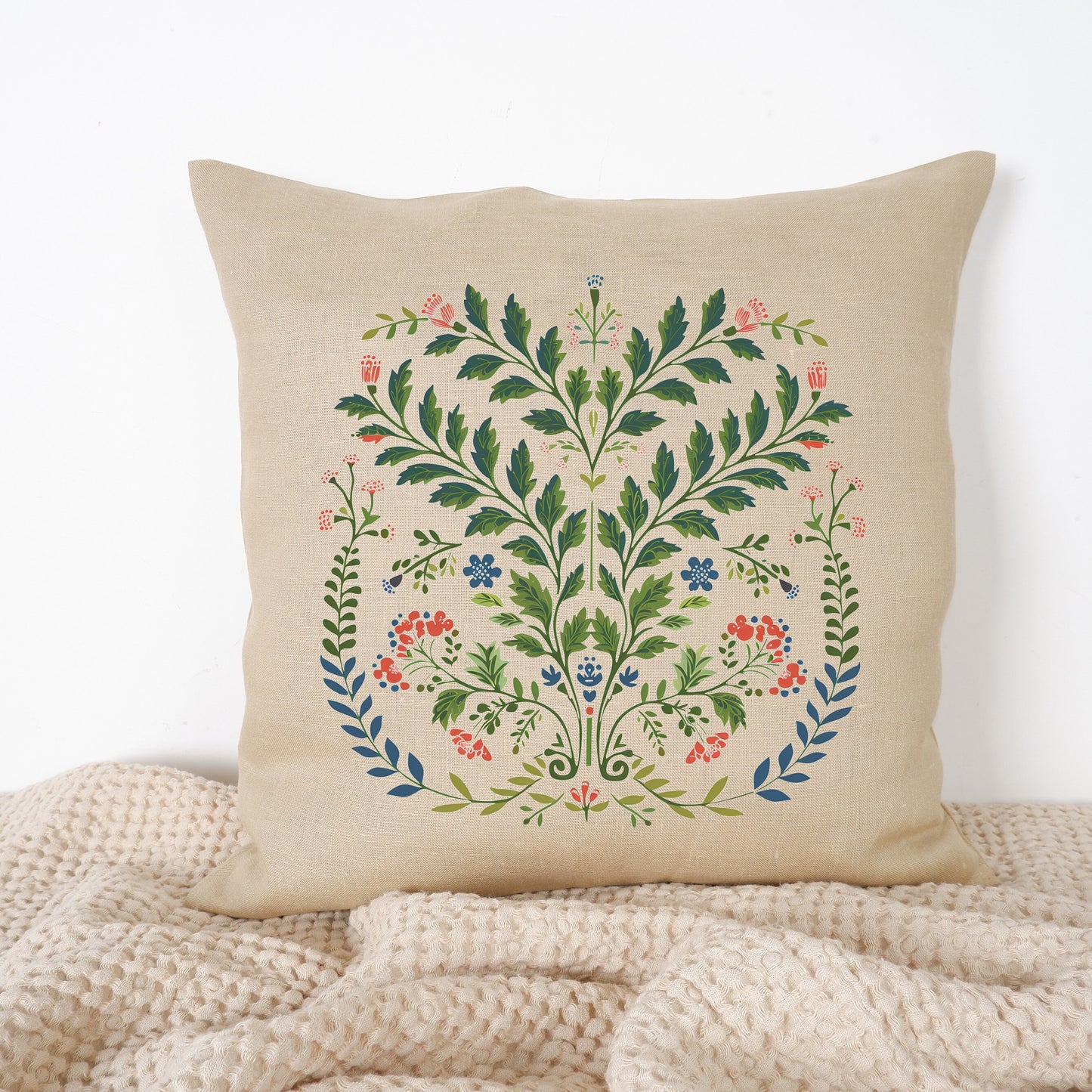 SALE LINEN Cushion cover with botanical folk art print , decorative linen pillow cover with floral print , Housewarming Gift