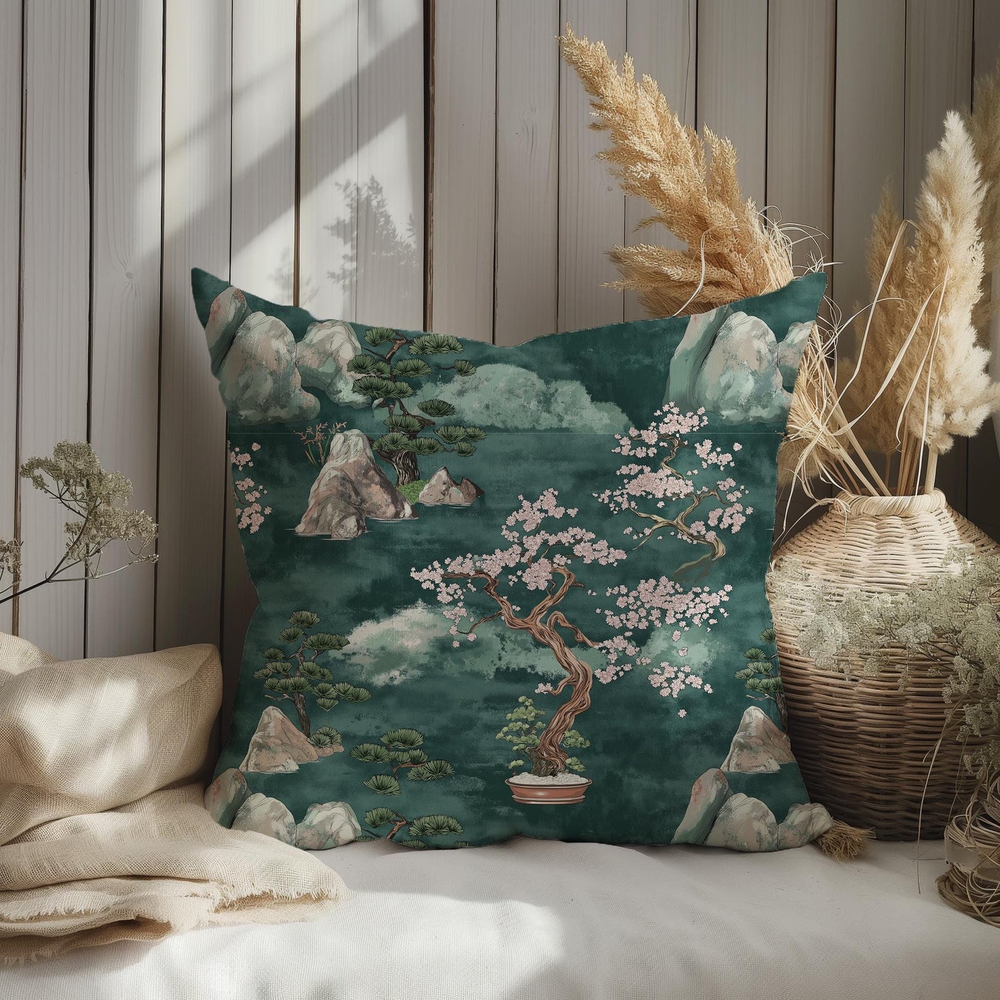 Designer Zen garden on Linen Pillow Cover - green Japandi Pillow - Contemporary Floral Block printed pillow on flax