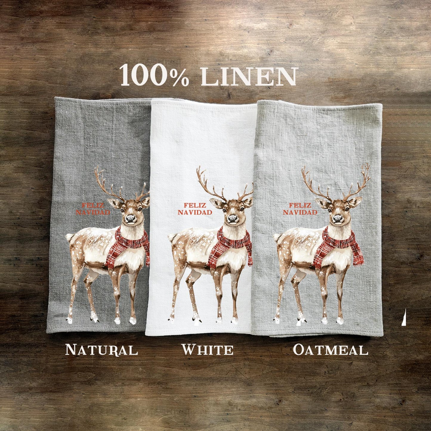Christmas Tea Towel in linen, Reindeer Hand Towels Tea in linen Dish Holiday Kitchen Décor Feliz Navidad Frohe Weinachten Merry Christmas