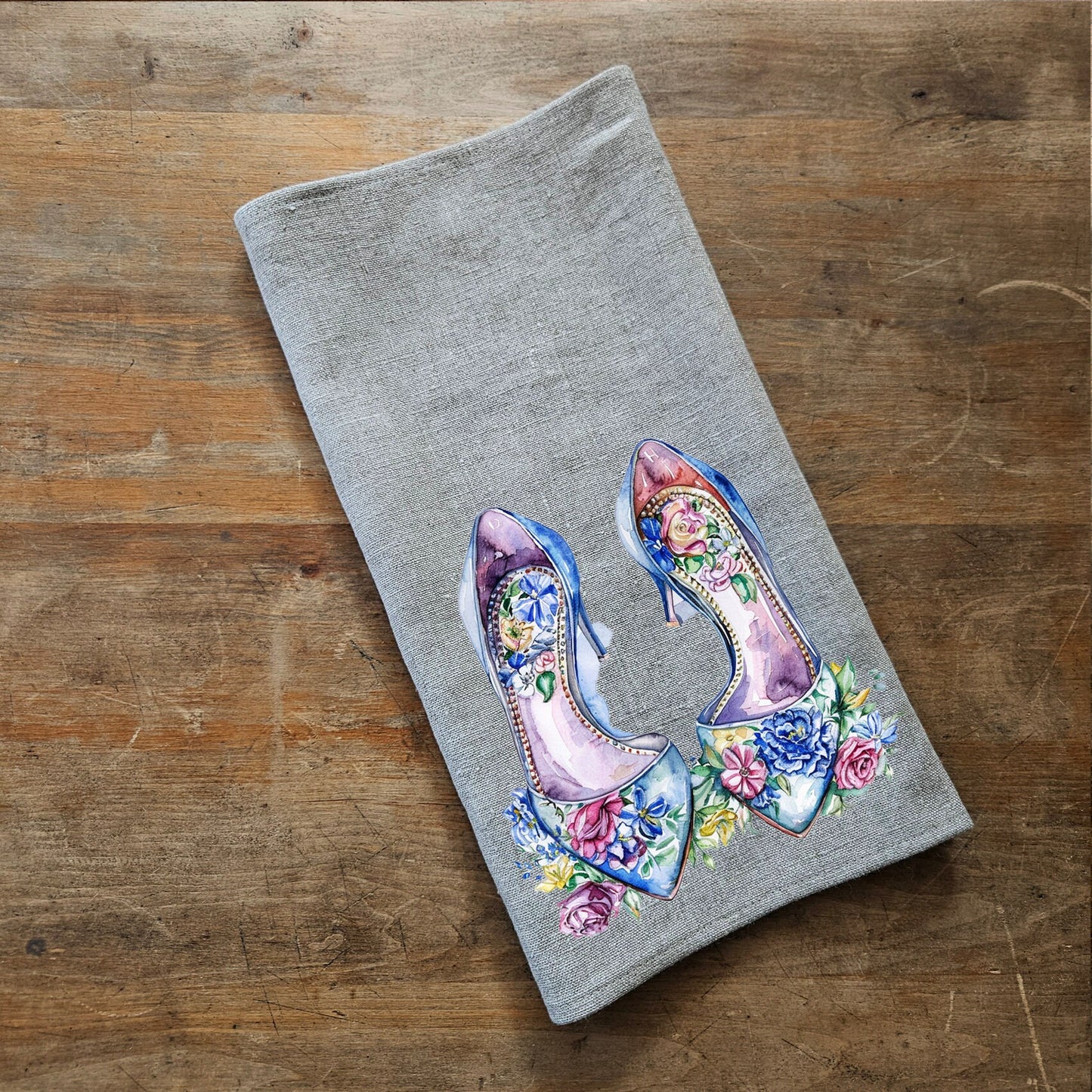 Shoes Tea Towel in linen, fashionista Hand Towels Tea, black Frech Dish Towel, Floral Kitchen Décor Tea Towel