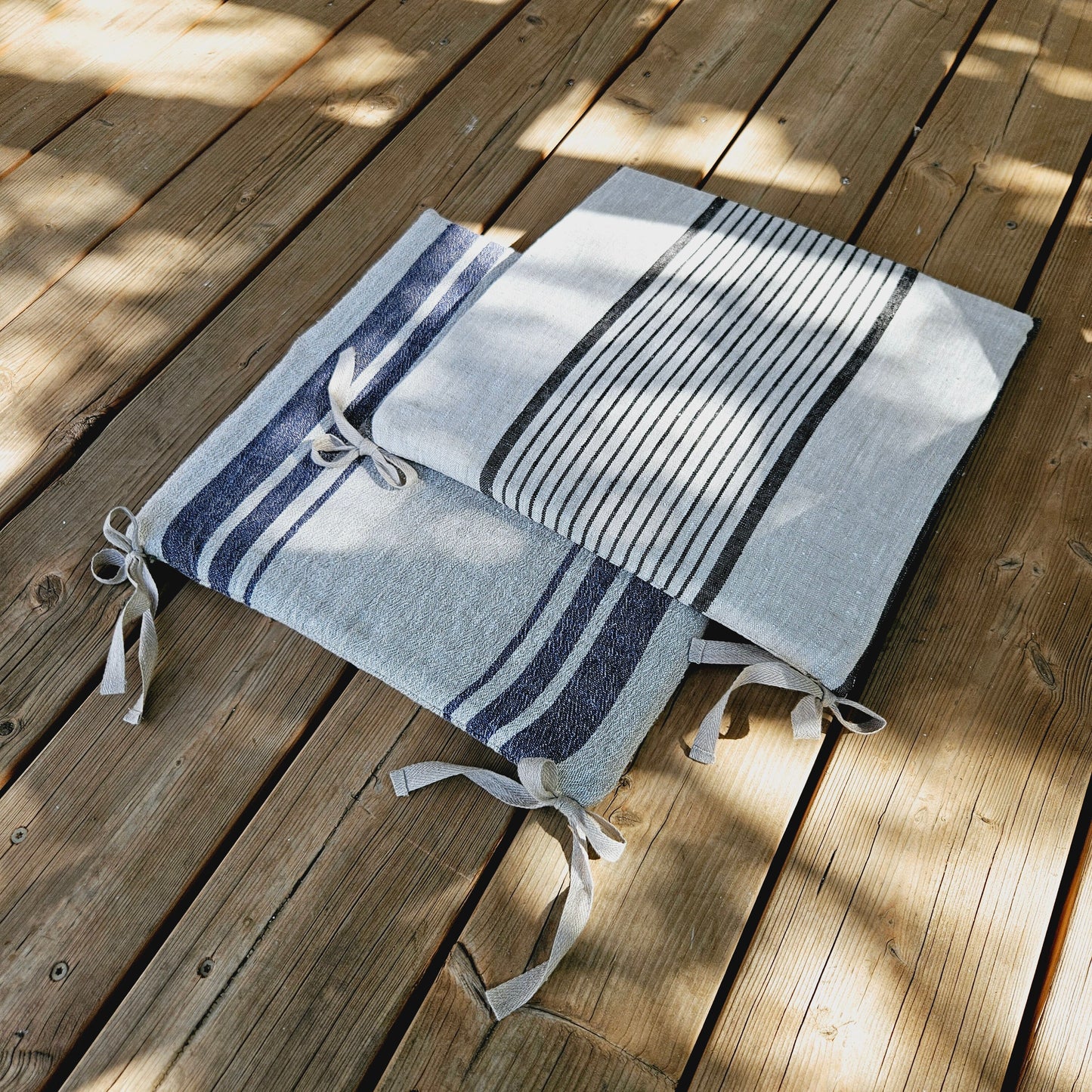 Linen Seat Cushion striped with ties - Striped Chair Pad Pillow - Natural French Style Heavy Weight 100% Linen Fabric