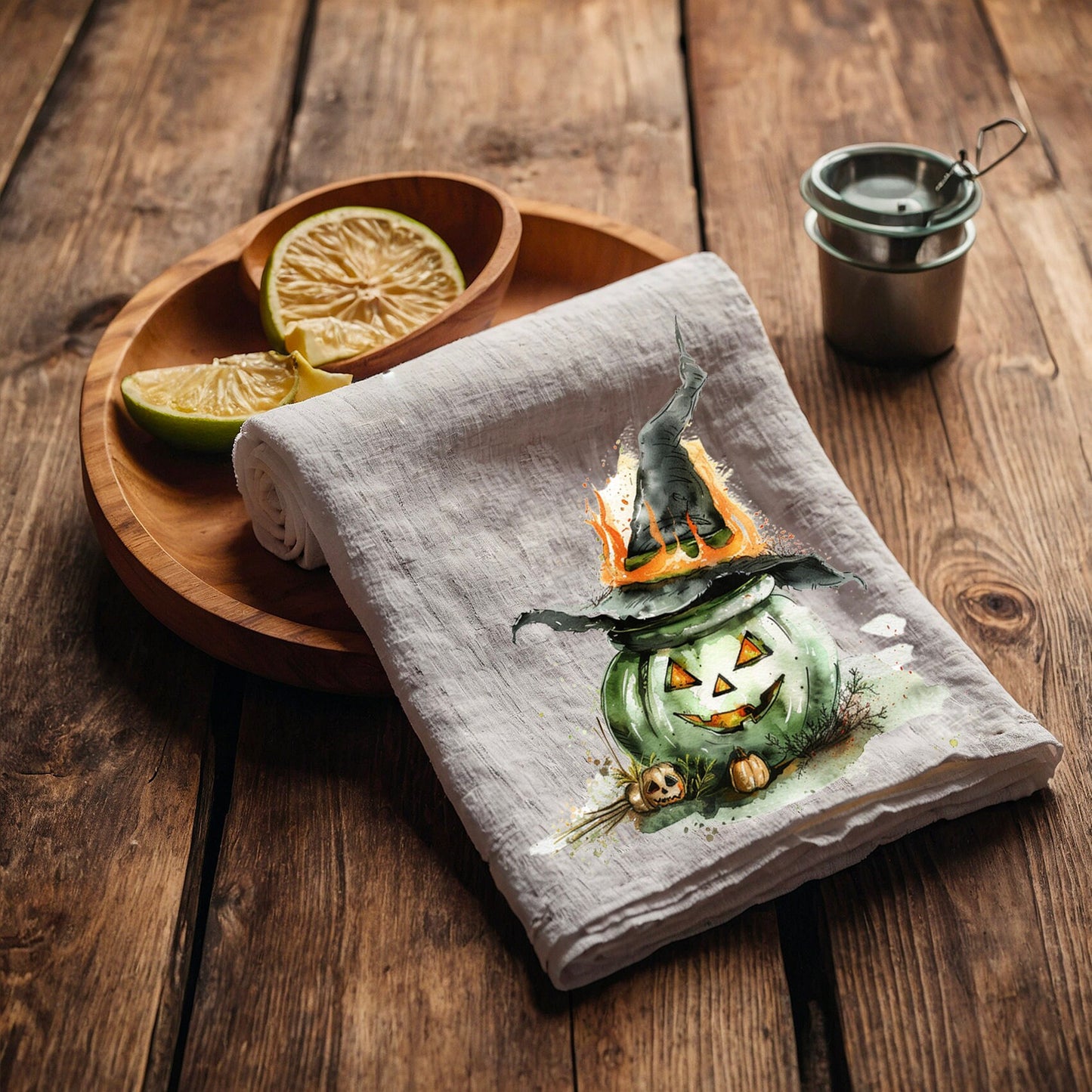 Halloween Tea Towel in linen, Pumpkins Hand Towels Tea in linen, cats linen Dish Towel, witch hat Kitchen Décor Tea Towel in linen