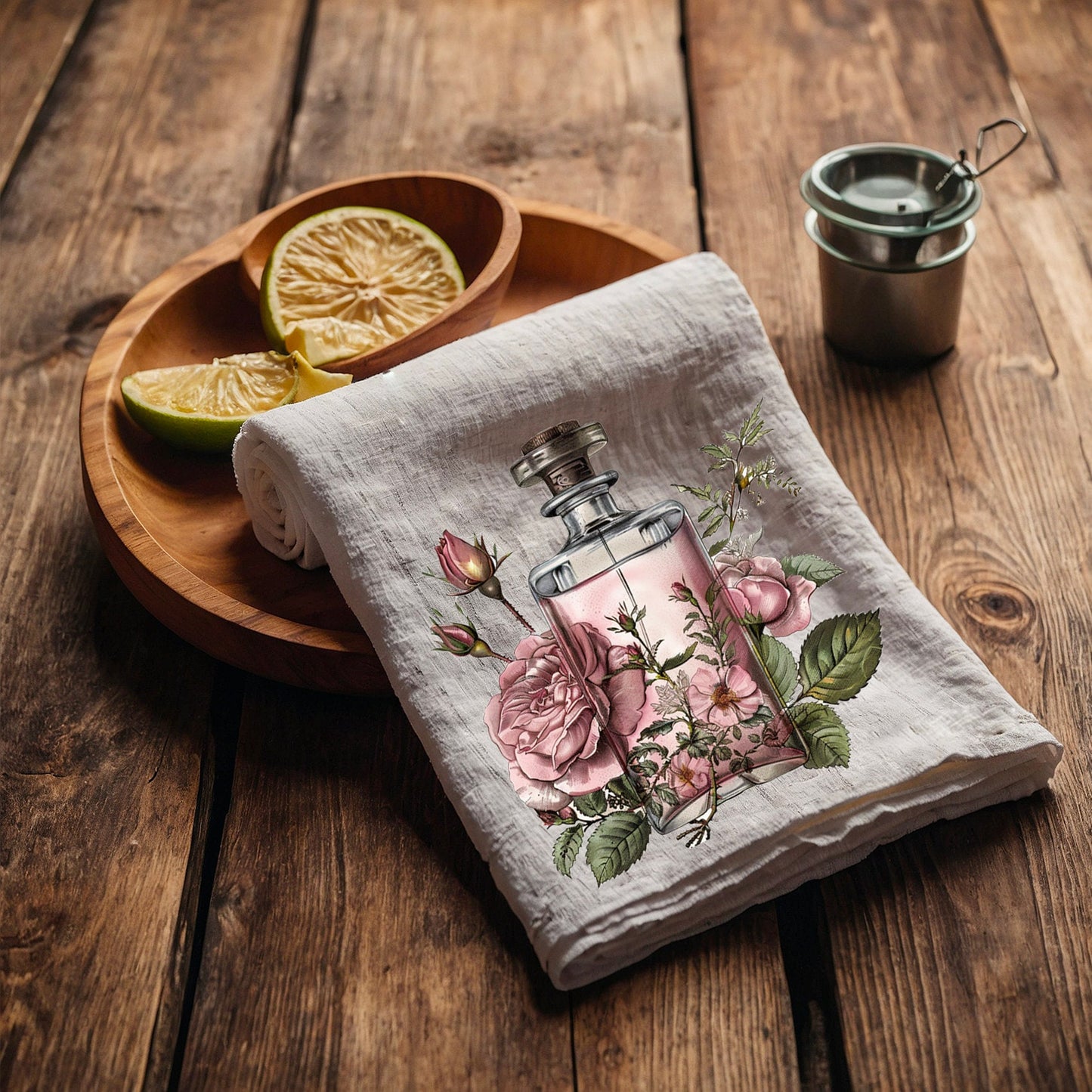 Pink Parfum Tea Towel in linen, floral roses Hand Towels Tea, black Frech Dish Towel, botanical parfum Kitchen Décor Tea Towel