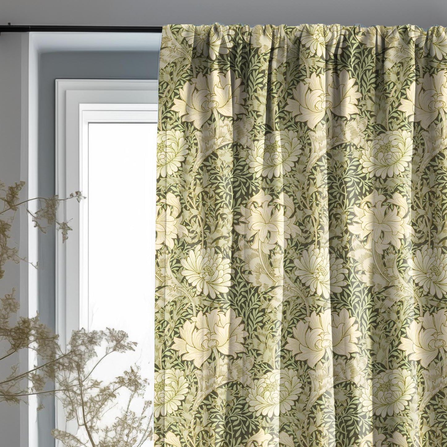 William Morris Curtain Panel Chrysanthemum, Floral Botanical green Print Curtains Panels in custom size, Botanical Curtains for living room