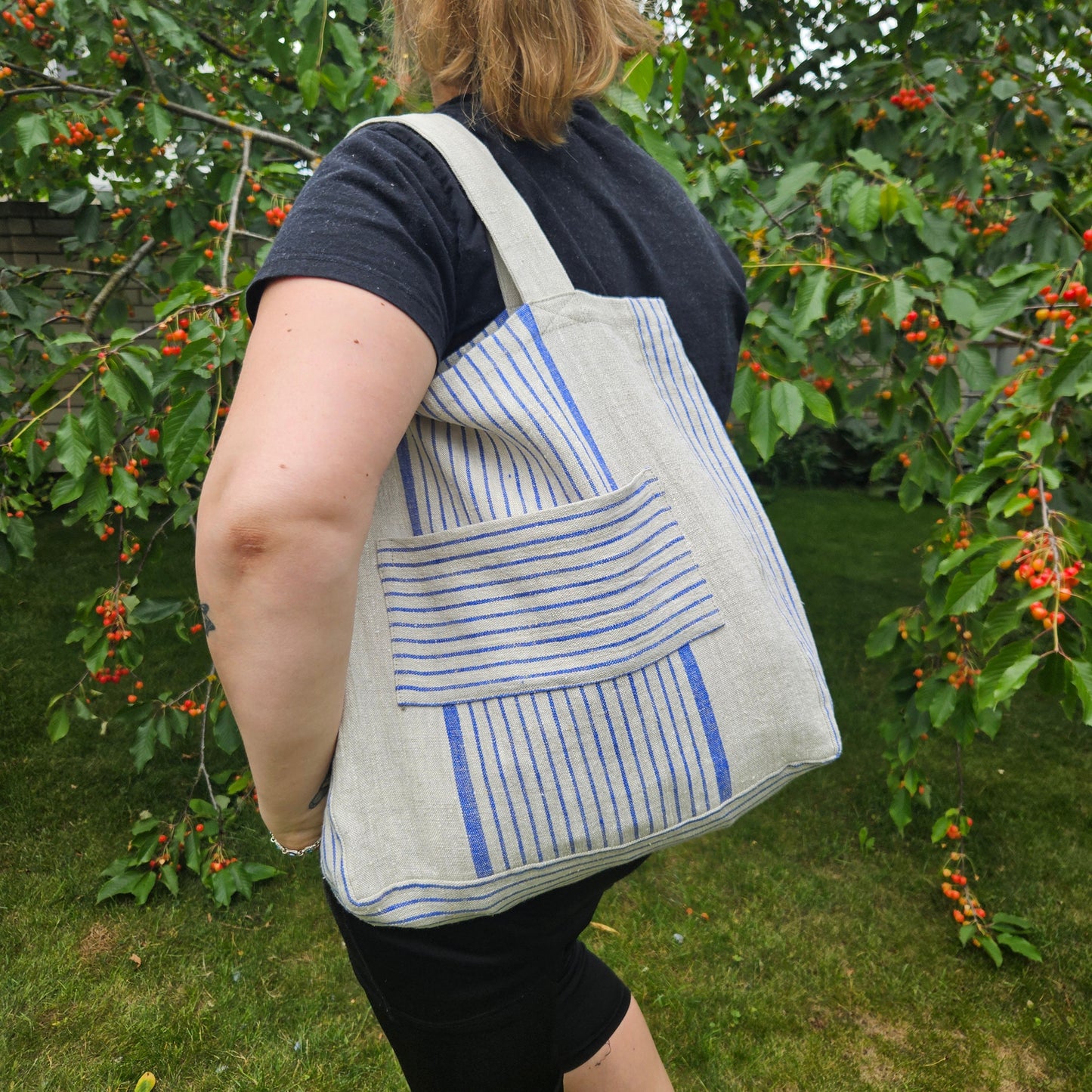 Tote bag in french striped linen, large shopping bag , striped linen bag, shoulder bag, French style linen beach bag, striped summer bag
