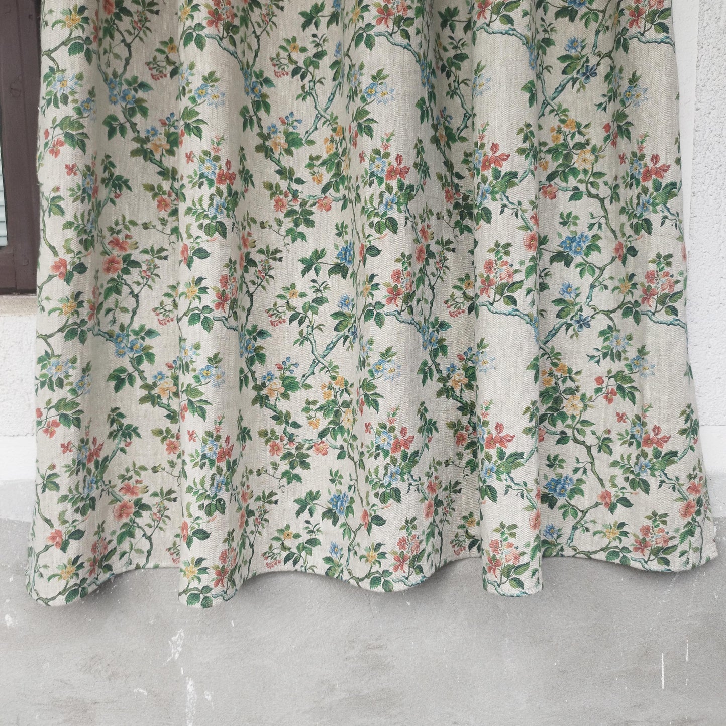 Curtains 100% Linen with botanical red green toile de jouy print PREWASHED. kitchen Living room farmhouse linen window panel