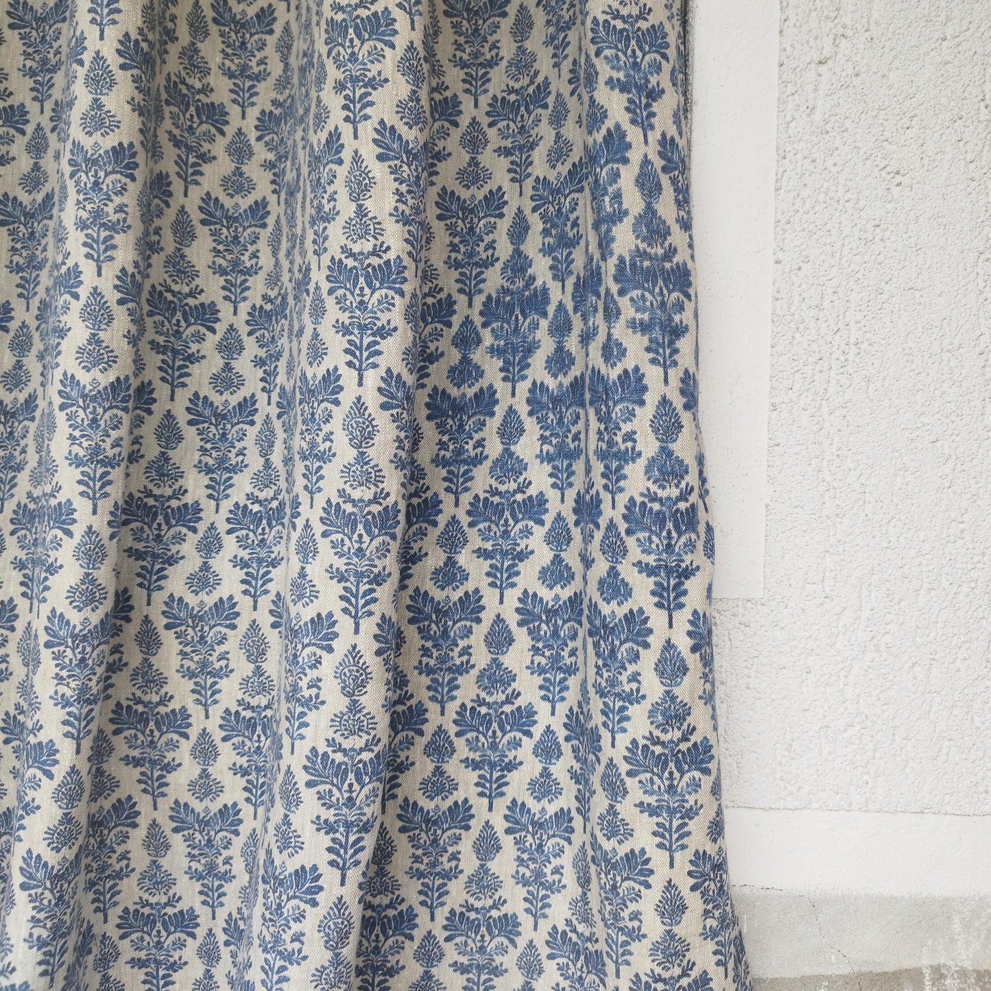 Curtains 100% Linen blue french block print floral PREWASHED. kitchen Living room farmhouse curtains. Bedroom window panel in linen