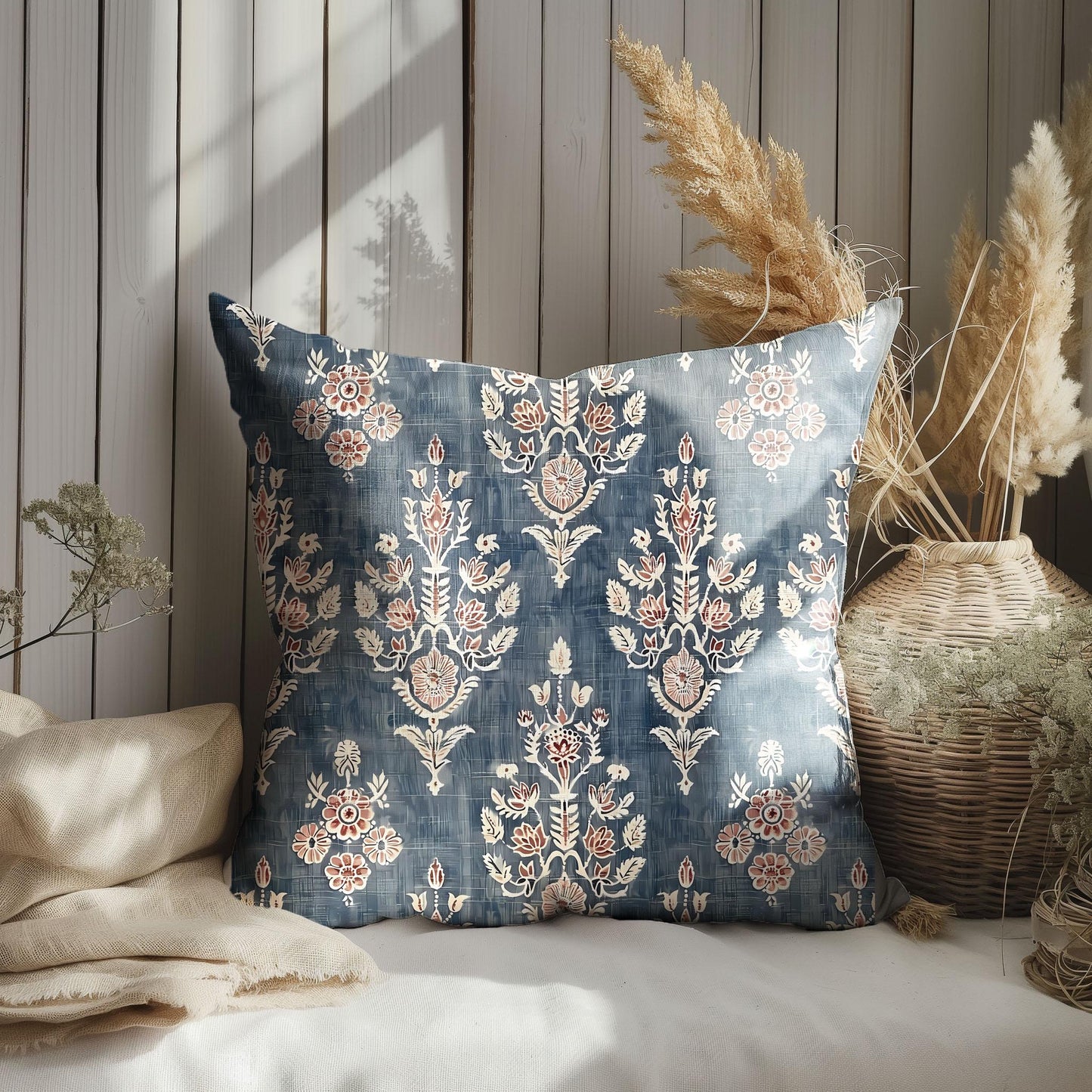 Modern indigo linen Pillow Cover indigo blue with block print, designer Boho Pillow on linen, Coutryhome printed pillow case