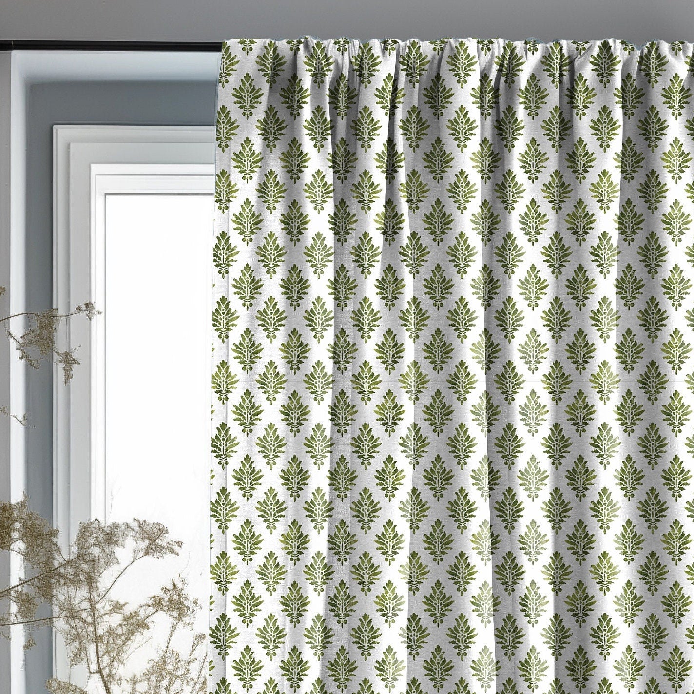Linen block print Curtain Panels with green print, Curtains for living room or bedroom, coutryhouse style curtains