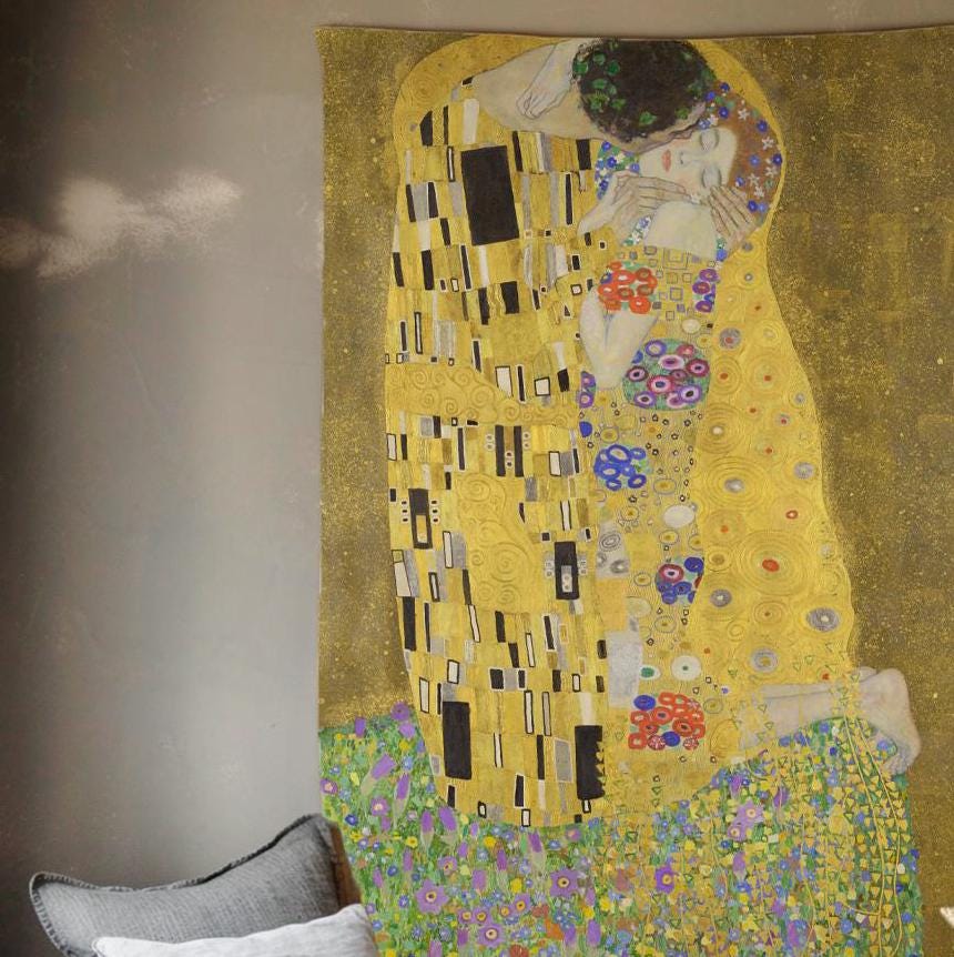 Klimt Kiss-tapet vägggobeläng - Väggdekoration KONSTdekor Semestergobeläng på 100 % linne