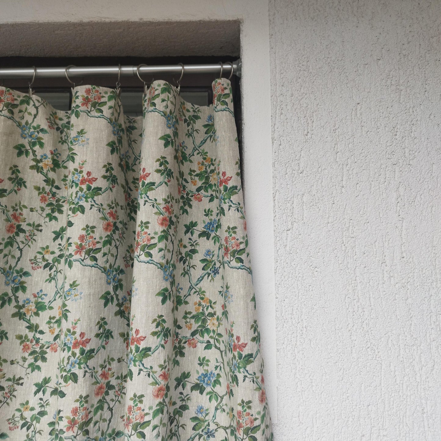 Curtains 100% Linen with botanical red green toile de jouy print PREWASHED. kitchen Living room farmhouse linen window panel