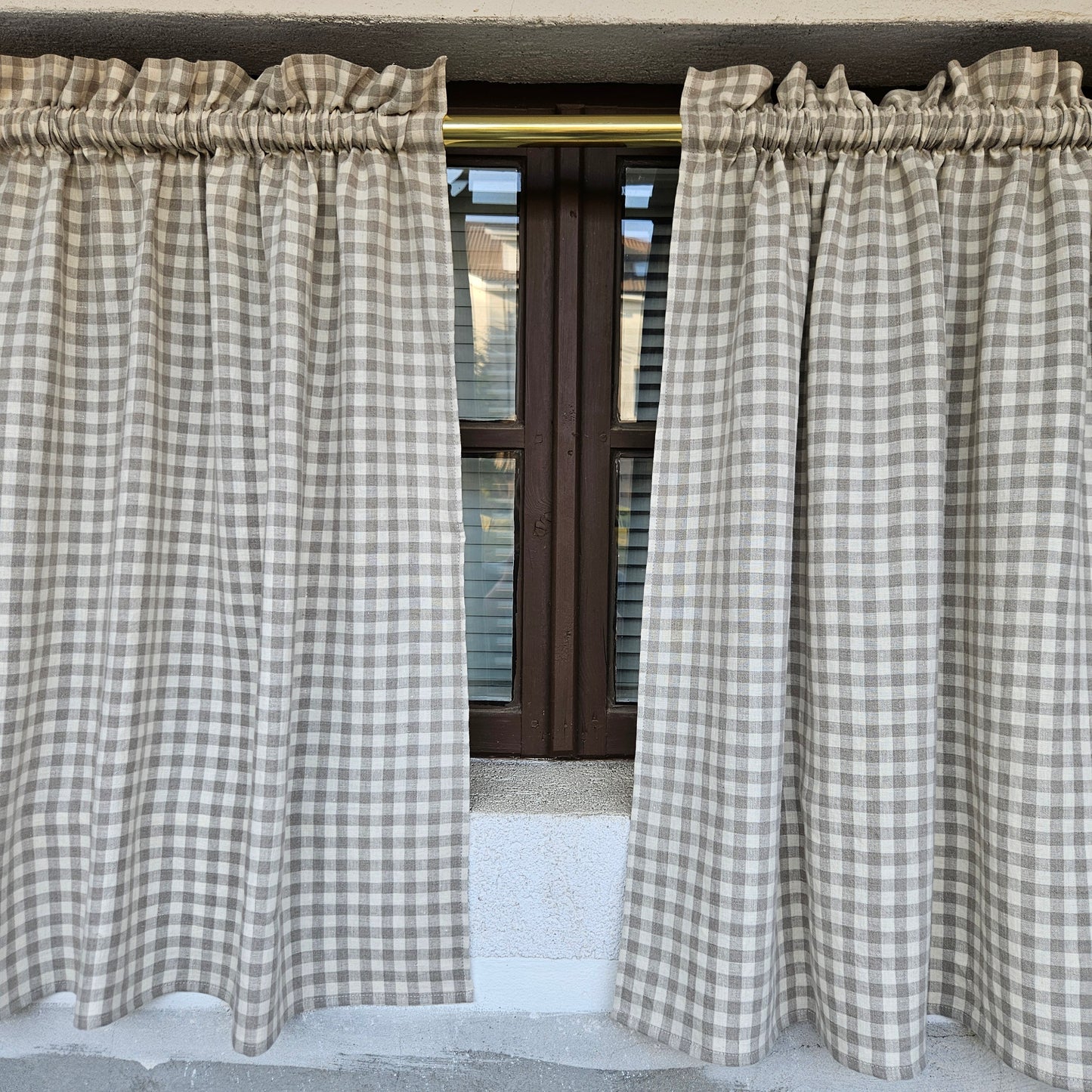 Natural linen Cafe Curtains in classic gingham, custom size Farmhous window panel, Living room Cafe Kitchen window curtain custom size