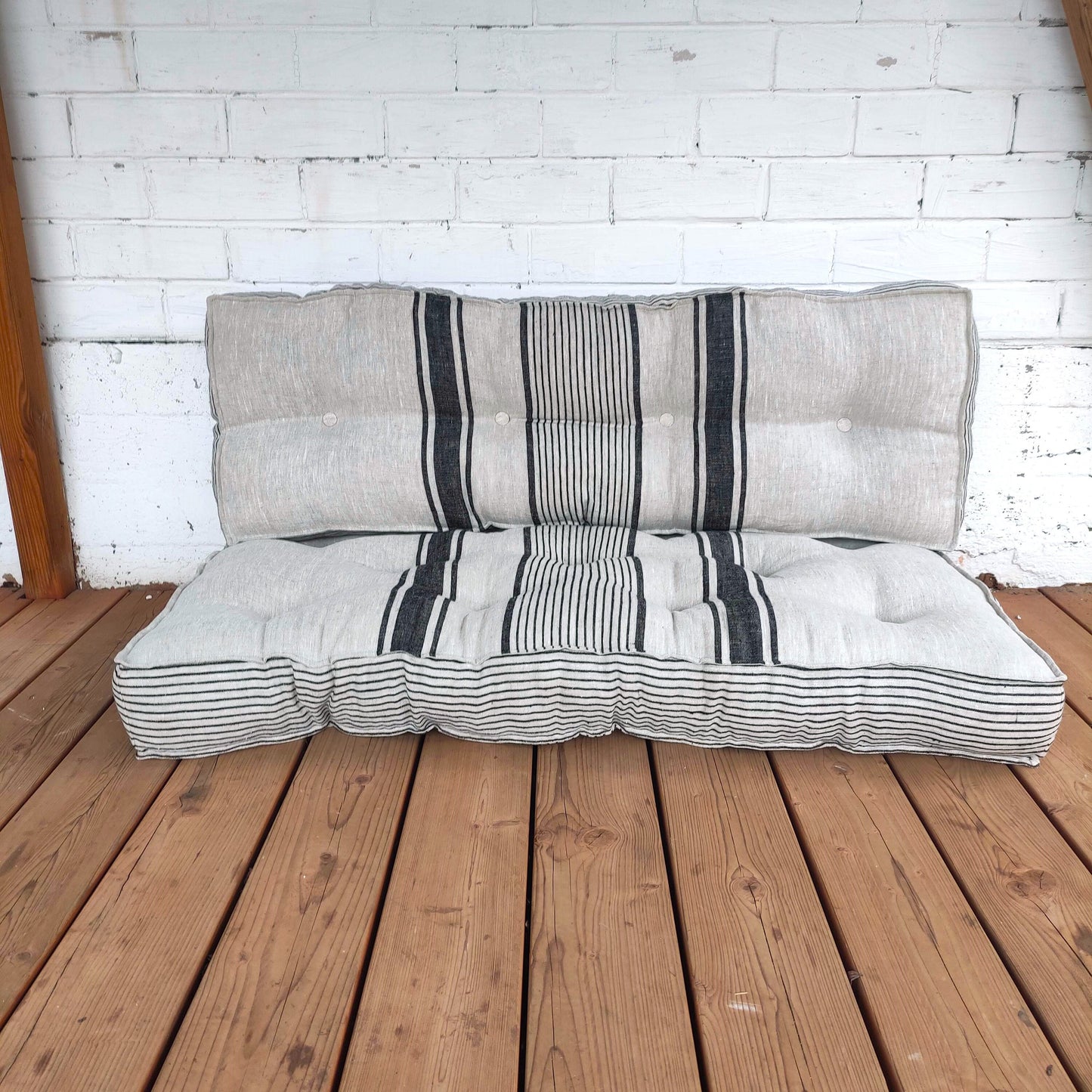 Bench cushion in French striped linen, floor cushion in Custom size, shikibuton thick mat Shiki futon filled organic fiber filler