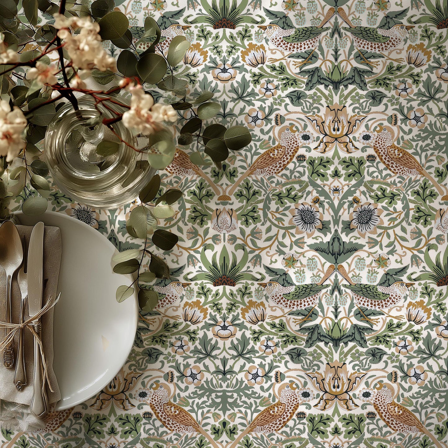 Linen foral tablecloth with birds, william Morris strawberry thief tablecloth, arts and crafts movement tablecloth