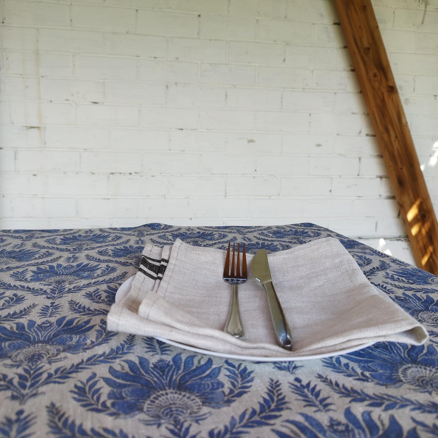 French tablecloth with Blue print, French Retro Vintage table cloth Bohemian Blue on natural linen with floral block stamp