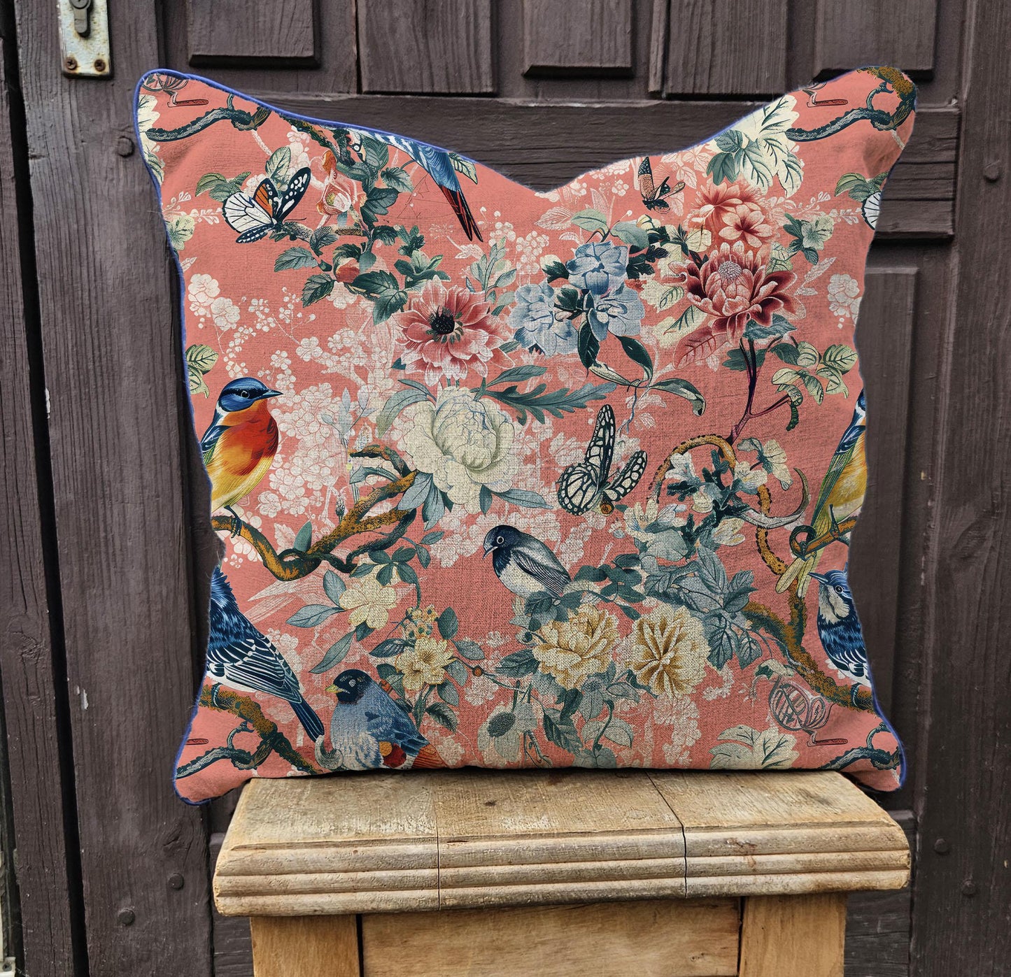 Modern pink linen Coastal Pillow Cover with birds, Boho Pillow print on linen, Coutryhome printed pillow case in European flax