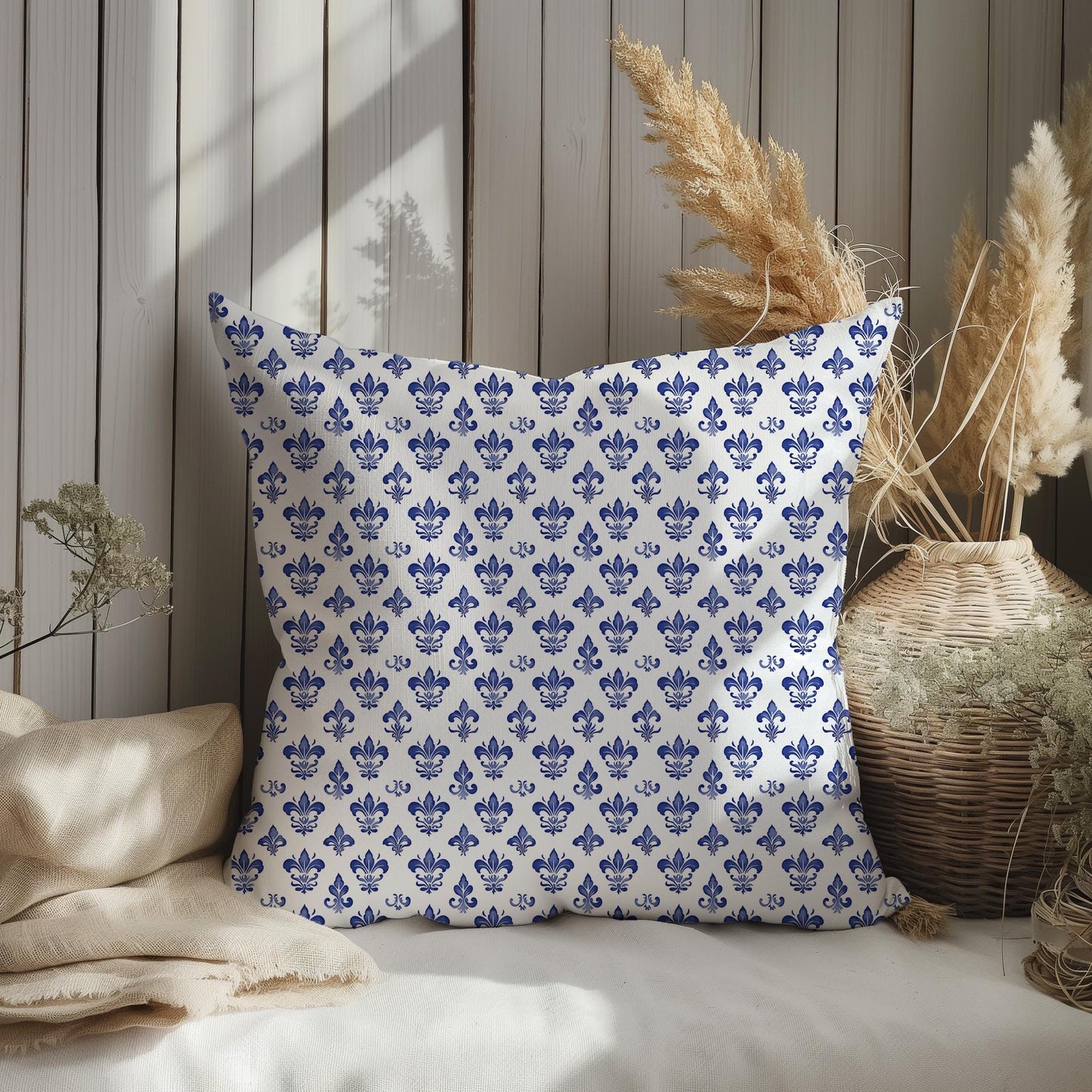 Fleur de lis linen Floral Pillow Cover - white blue Boho Pillow block print on linen - Coutryhome block printed pillow case in European flax
