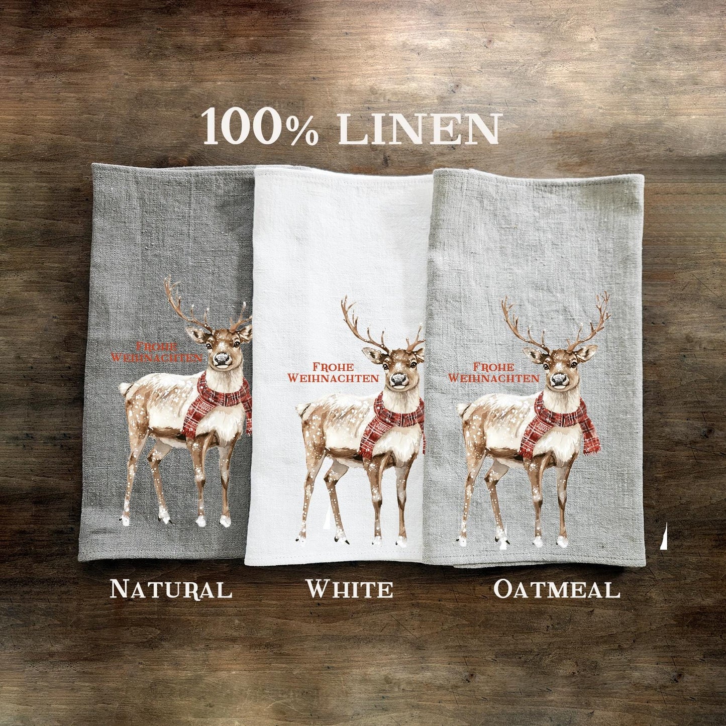 Christmas Tea Towel in linen, Reindeer Hand Towels Tea in linen Dish Holiday Kitchen Décor Feliz Navidad Frohe Weinachten Merry Christmas
