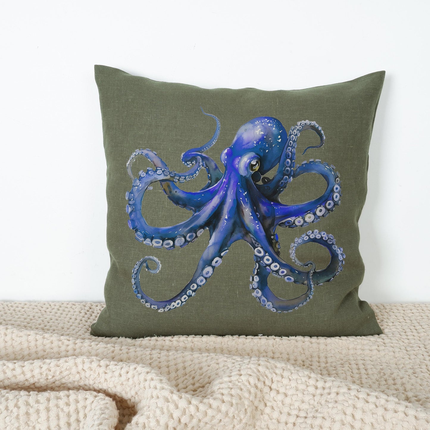 LINEN Cushion cover with Octopus print / Marine decorative linen pillow cover / Coastal marine decor Cushion Housewarming Gift