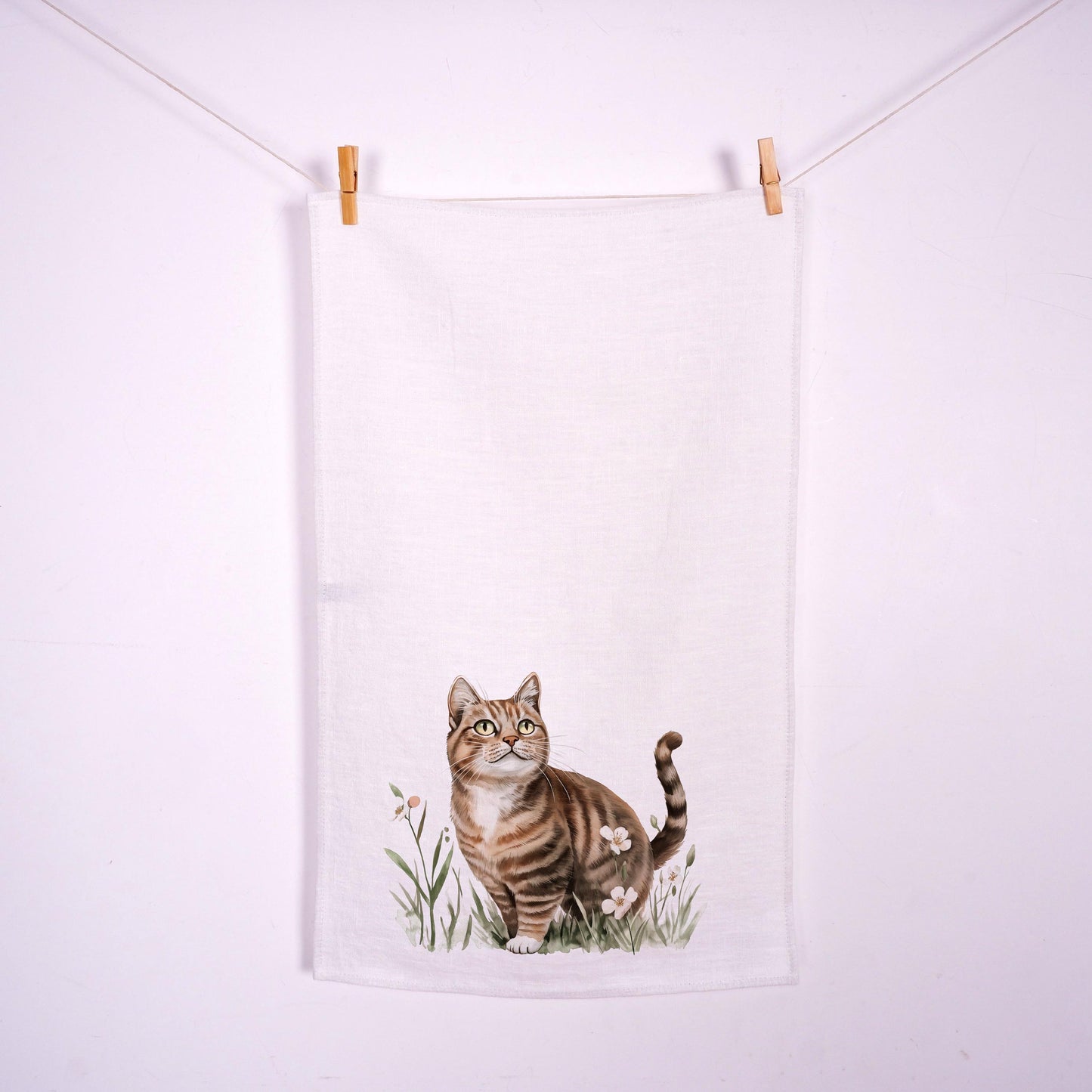 Cat in meadow kitchen Towel in linen - Tabby cat kawaii Hand Tea towels - Farmhouse Floral Dish Décor Kitchen Towel