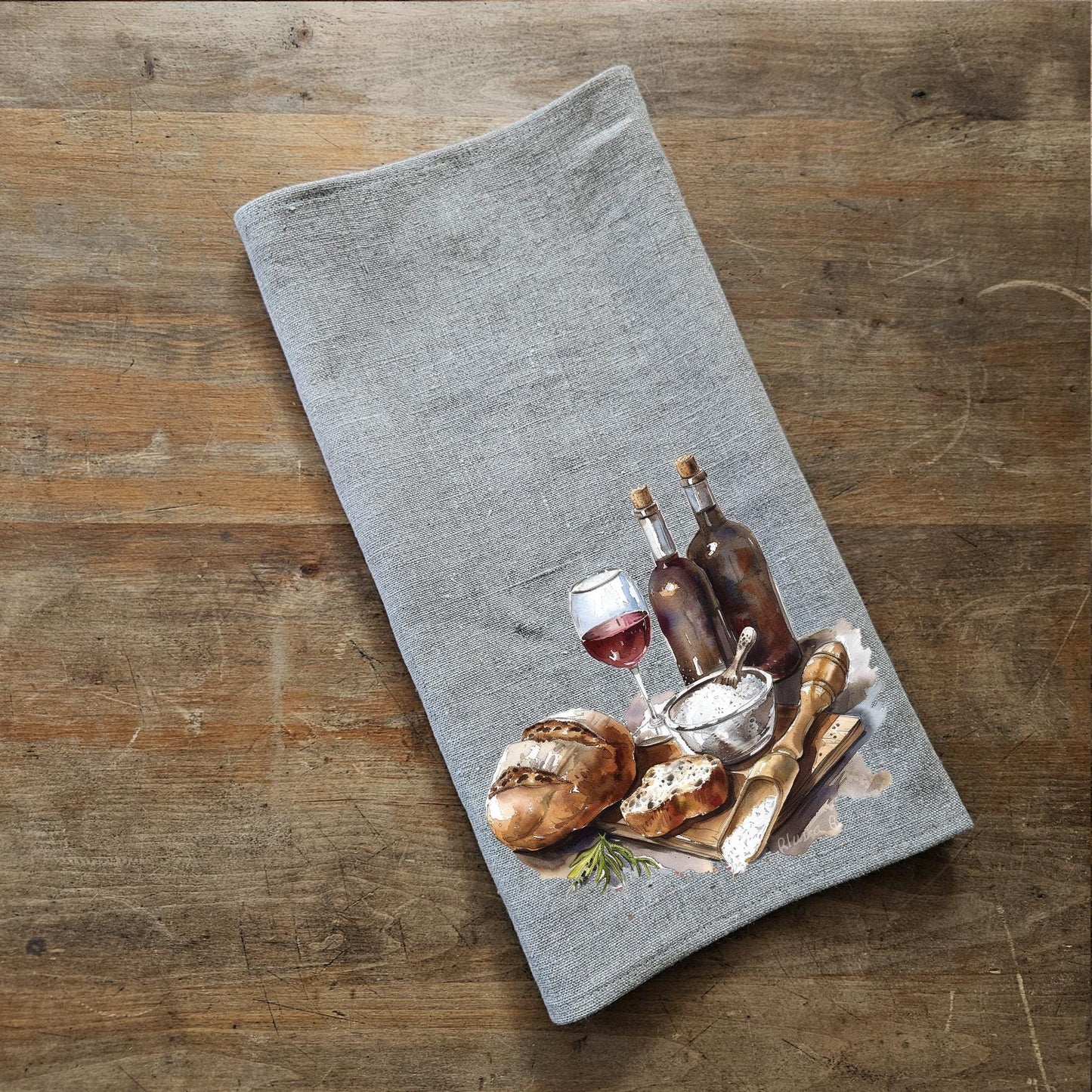 Bread & Wine Tea Towel in linen, Food lovers Hand Towels Tea, Farmhouse Dish Towel, Kitchen Décor Tea Towel