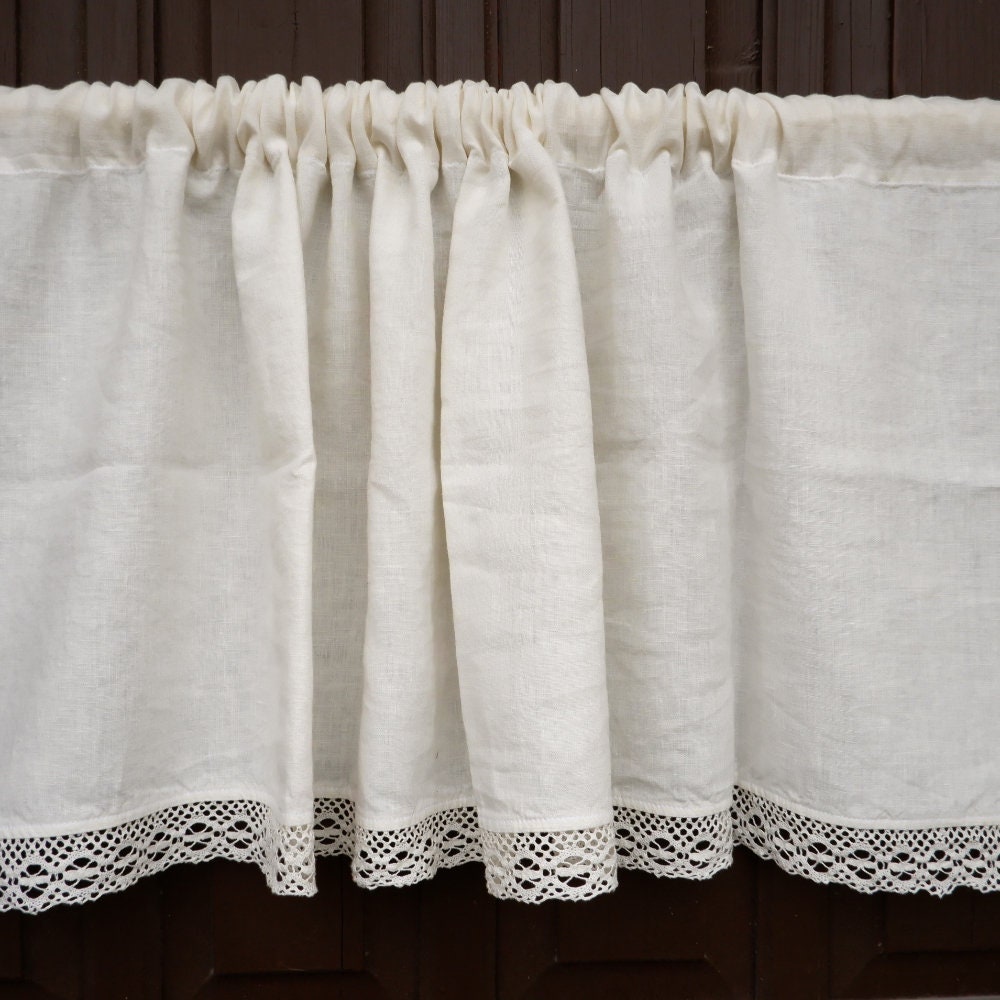 Custom size Valance WHITE with laces, Farmhouse Pure linen window treatment, Living room Cafe Kitchen window panel, farmhouse curtains